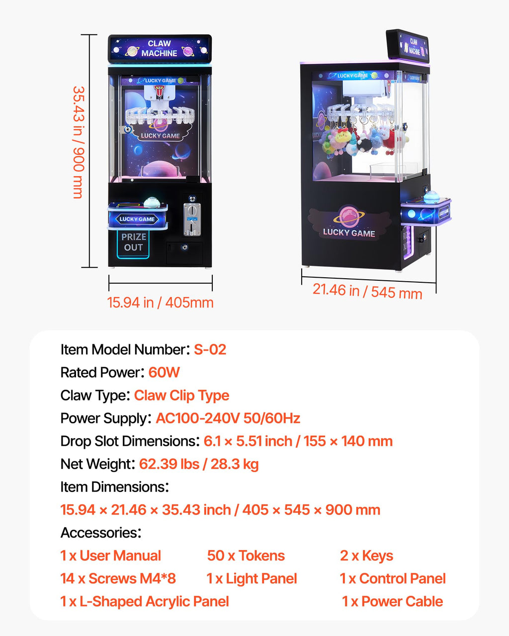 VEVOR Claw Crane Machine, Medium-Sized Arcade Game Machine with Claw + Grabber Double-Layer, Light & Sound, Toy Candy Grabber Prize Dispenser Vending Toy, for Commercial Home Cinema, Black Purple