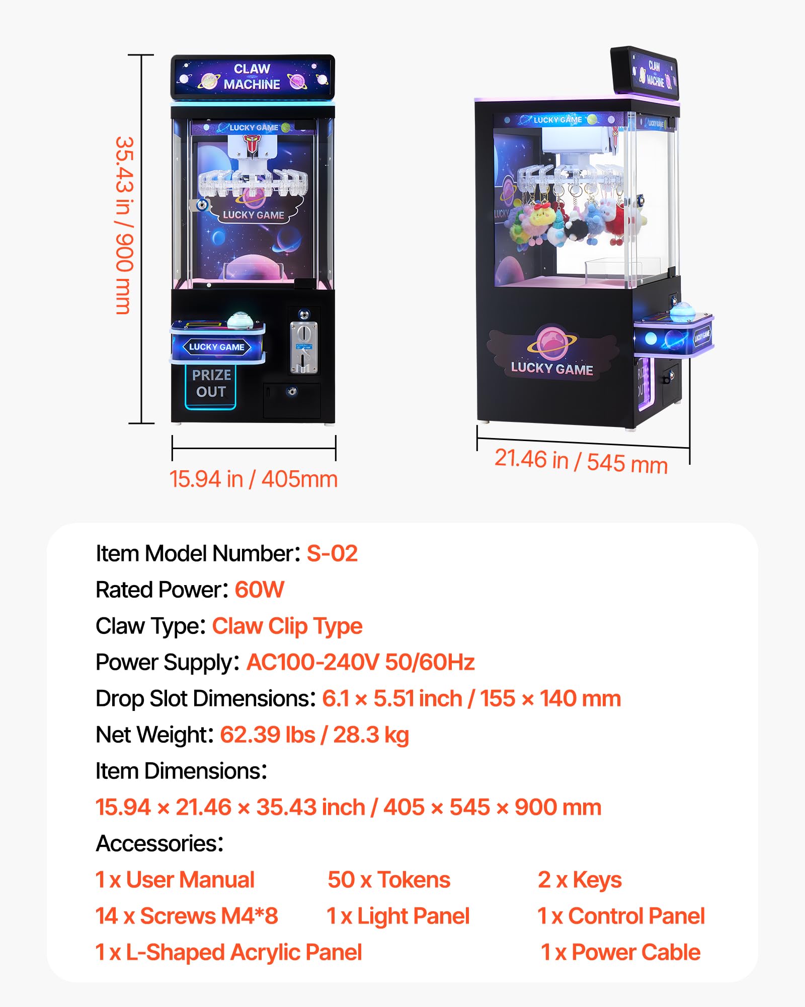 VEVOR Claw Crane Machine, Medium-Sized Arcade Game Machine with Claw + Grabber Double-Layer, Light & Sound, Toy Candy Grabber Prize Dispenser Vending Toy, for Commercial Home Cinema, Black Purple
