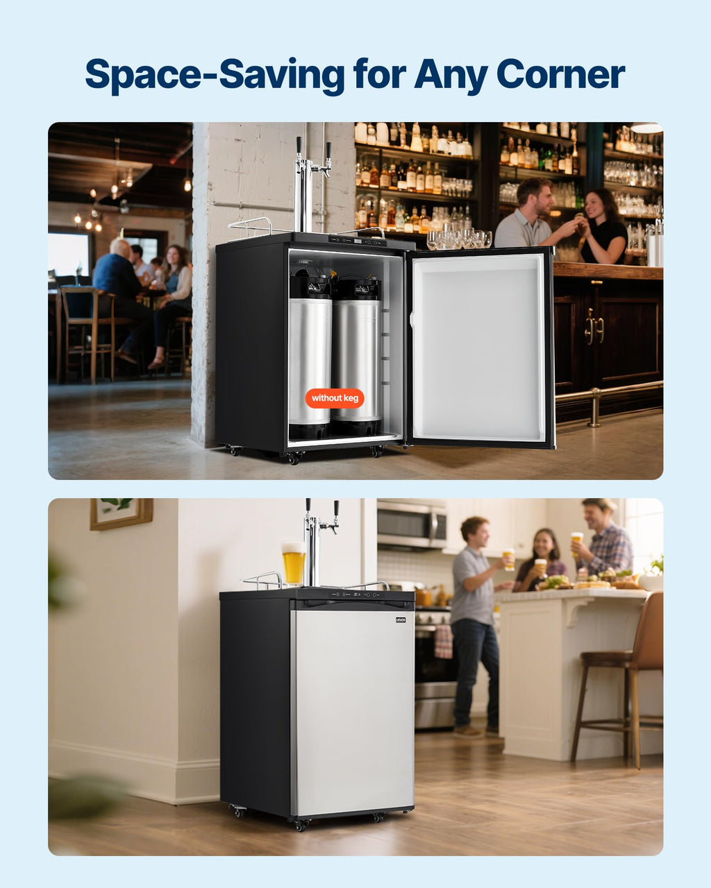 VEVOR Beer Kegerator, Dual Tap Commercial Draft Beer Dispenser for D system, Full Size Keg Refrigerator with 5lbs CO2 Tank, Hold 2 Sixth / 2 Ball lock keg, Black