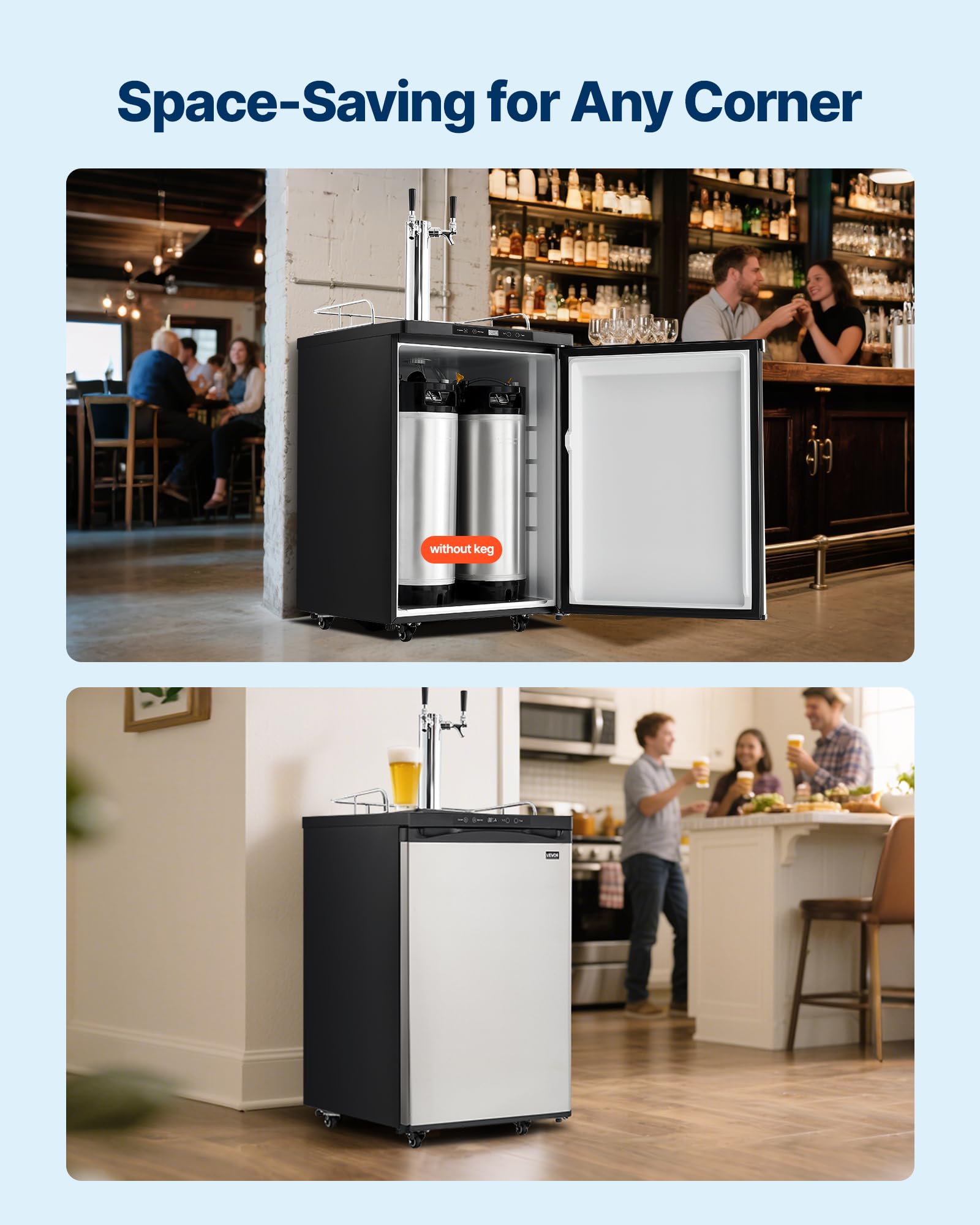 VEVOR Beer Kegerator, Dual Tap Commercial Draft Beer Dispenser for D system, Full Size Keg Refrigerator with 5lbs CO2 Tank, Hold 2 Sixth / 2 Ball lock keg, Black