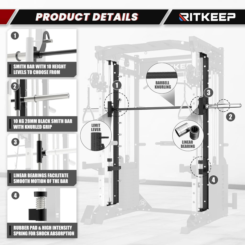 RitKeep PMAX-5600 Pro Heavy-Duty Smith Machine Squat Rack with 320 LB Weight Stacks, 6-in-1 Multi-Function Home Gym System, Dual Cable Crossover and 2000 LB Capacity for Full-Body Strength Training