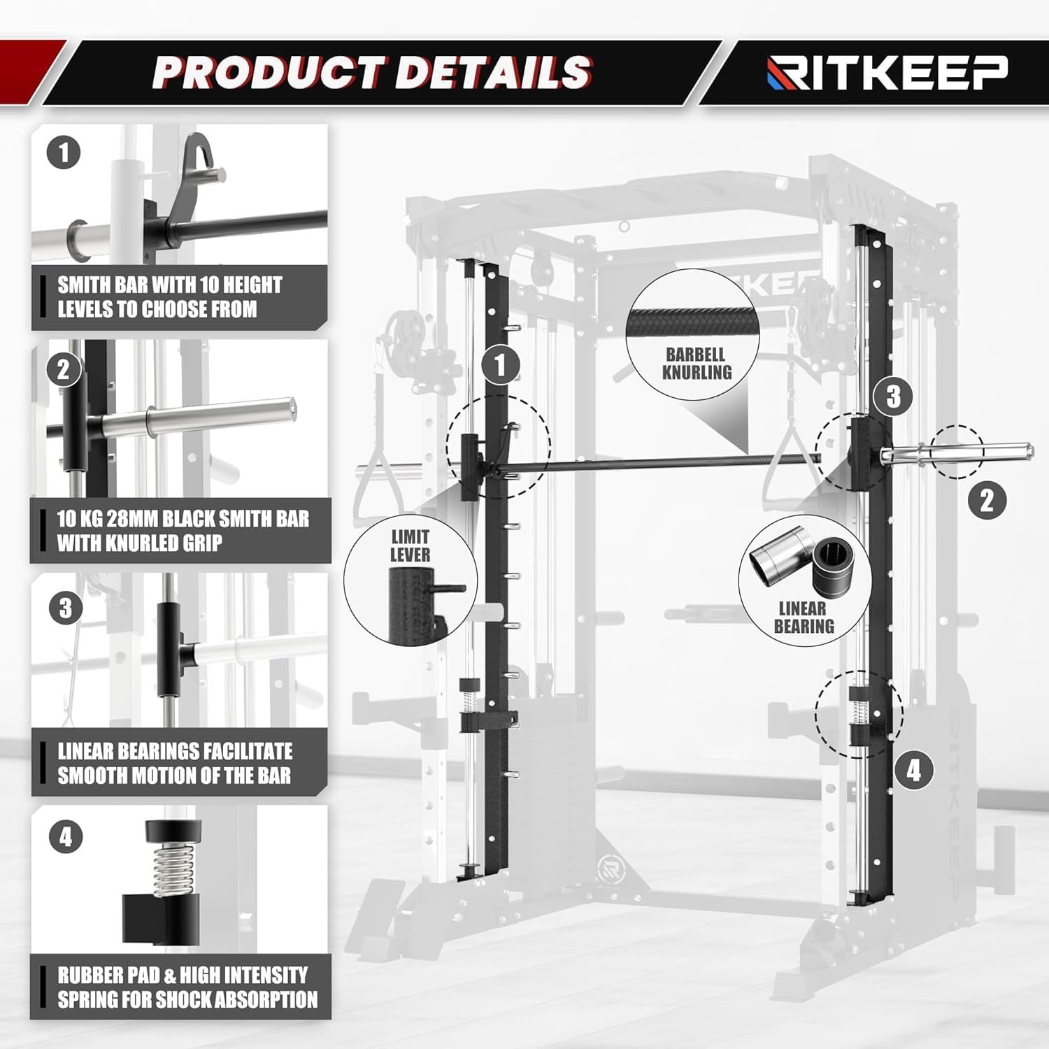 RitKeep PMAX-5600 Pro Heavy-Duty Smith Machine Squat Rack with 320 LB Weight Stacks, 6-in-1 Multi-Function Home Gym System, Dual Cable Crossover and 2000 LB Capacity for Full-Body Strength Training