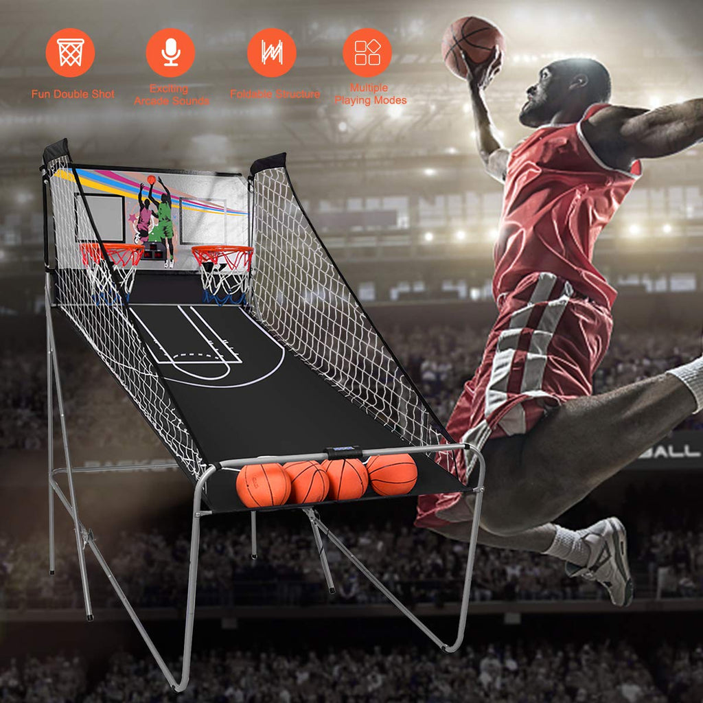 GYMAX Arcade Basketball Game Indoor Foldable with 8 Game Modes, Arcade Sound, 4 Balls and Inflation Pump, Electronic Basketball Games for Home