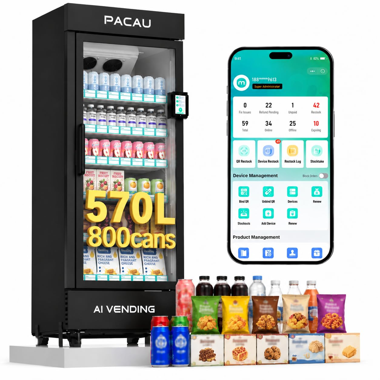Smart Ai Vending Machine with Card Reader, Snack & Drink Combo, 6-Layer, 700 Can (300ml) Capacity, Refrigerated, Ai Visual Recognition & App Management, Vending Machines for Business