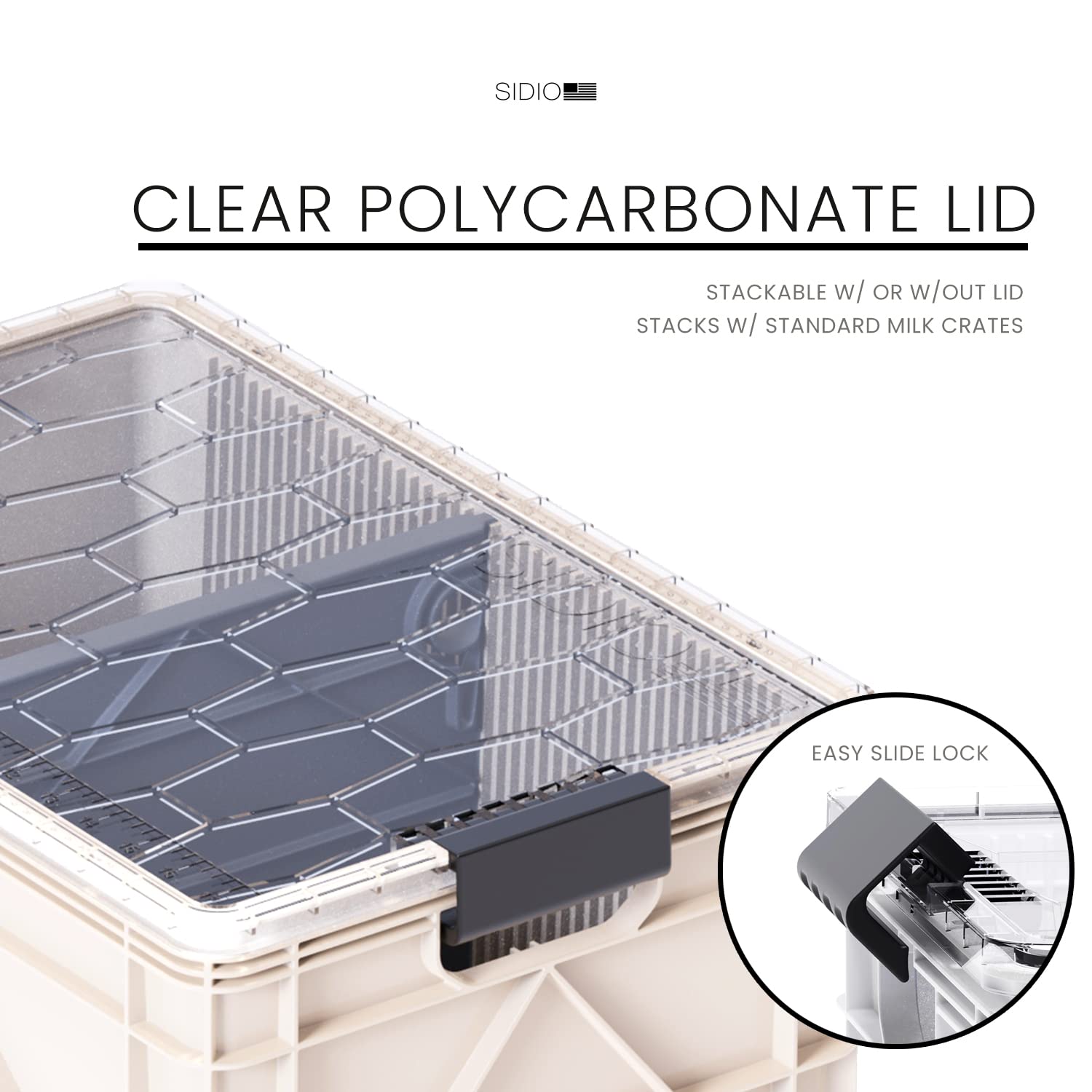 SIDIO CRATE Starter Pack - Two Full Size and One Half Size SidioCrate, Stackable Outdoor Organizer Storage Bins with Clear Lid and Dividers - Tan