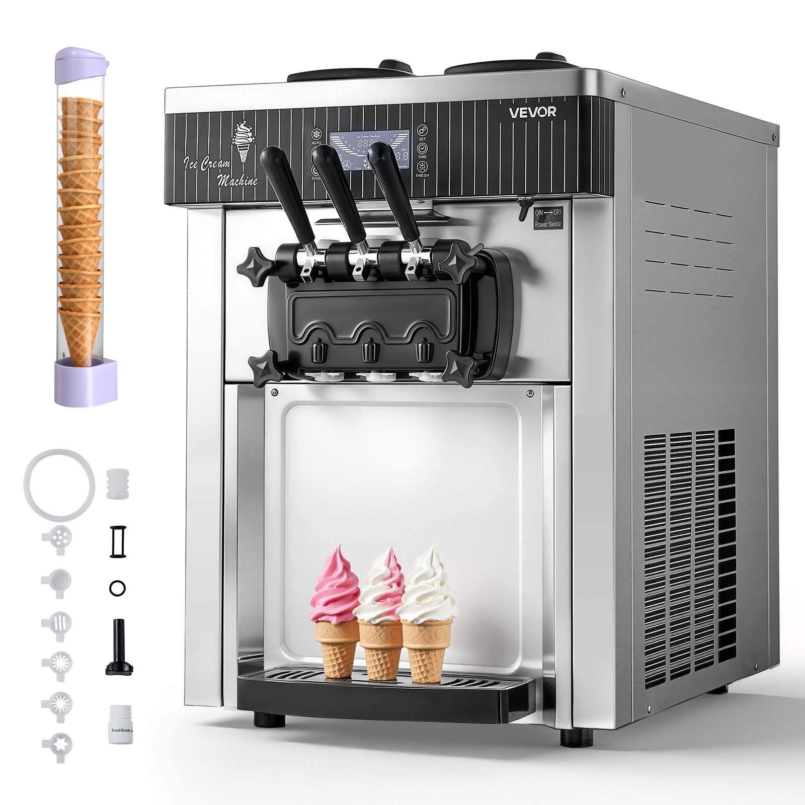 VEVOR Commercial Ice Cream Machine, 21 QT/H Soft Serve Ice Cream Maker with LCD Panel Auto Clean 3-Flavor Pre-cooling for Restaurant Snack Bar