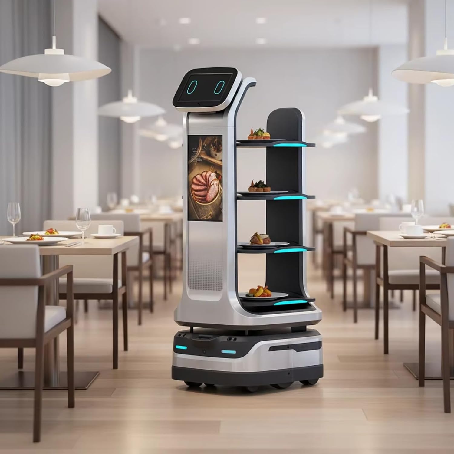 Autonomous Restaurant Service Robot – Smart Waiter for Food & Drink Delivery, Contactless Commercial Meal Server, Large Tray Collection, Automatic Obstacle Avoidance, Self-Charging, Indoor Navigation