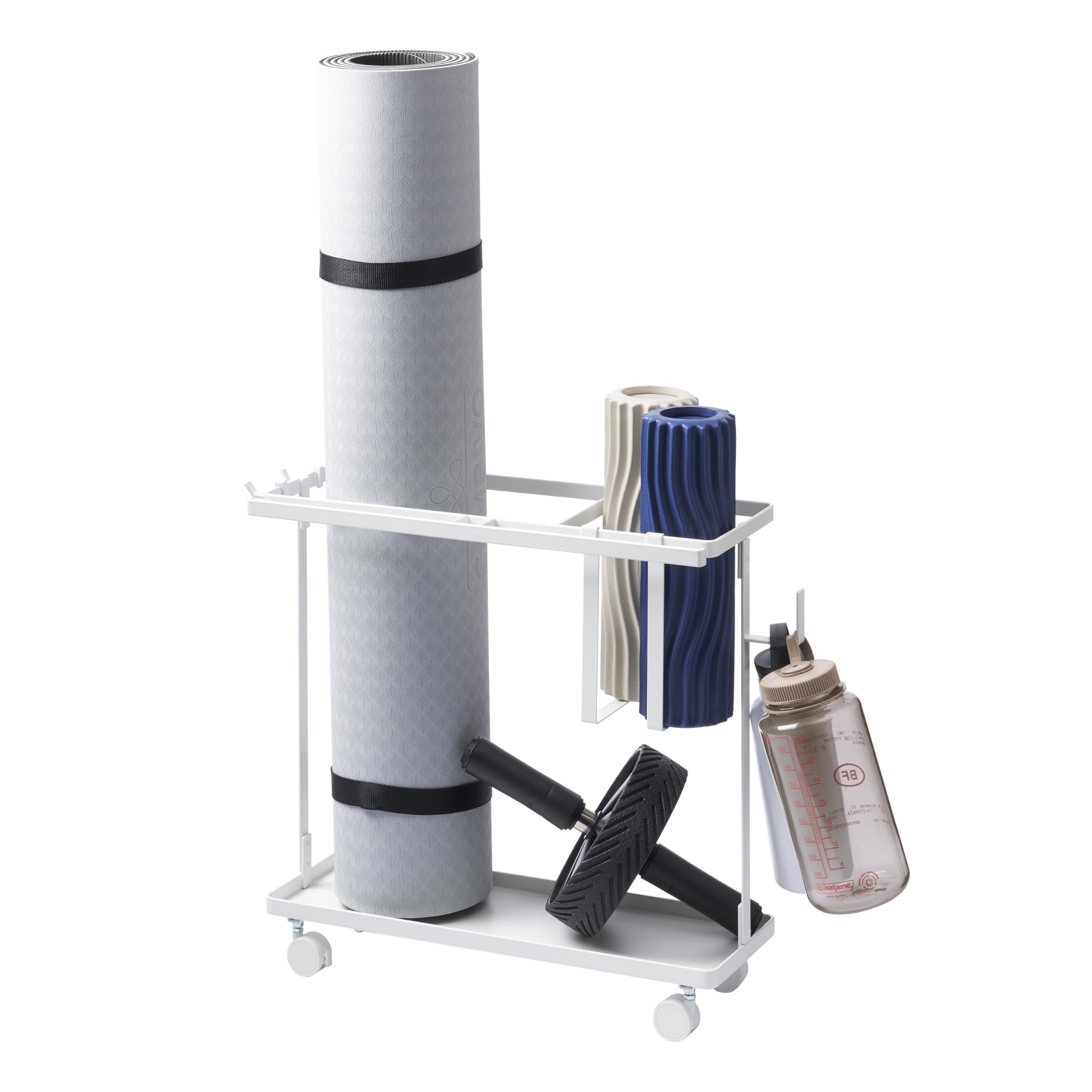 YAMAZAKI Home Tower Rolling Slim Fitness Rack with Adjustable Holder, Casters, Hooks for Gear Organization - Steel
