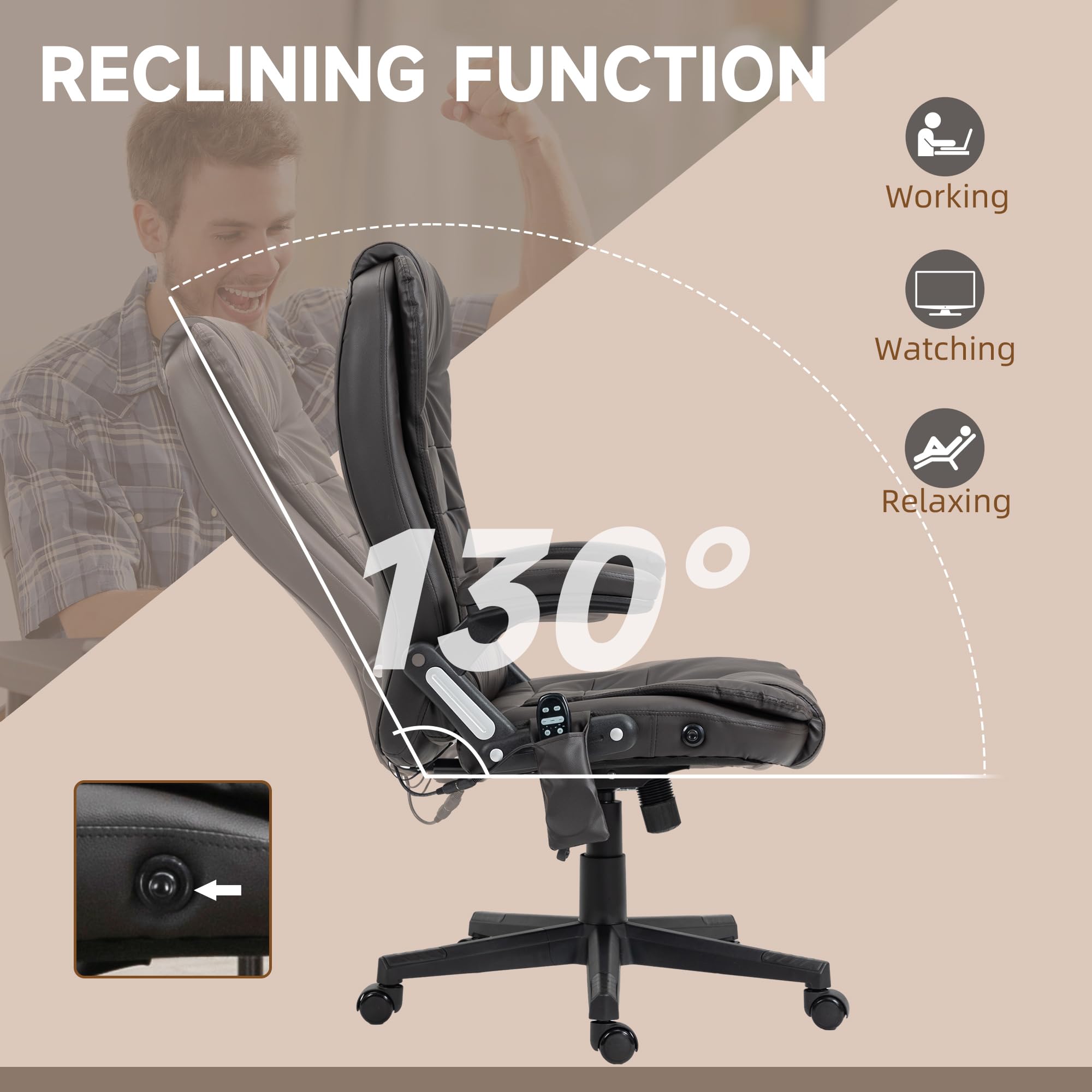 HOMCOM High Back Vibration Massage Office Chair with 6 Vibration Points, Heated Reclining PU Leather Computer Chair with Armrest and Remote, Brown
