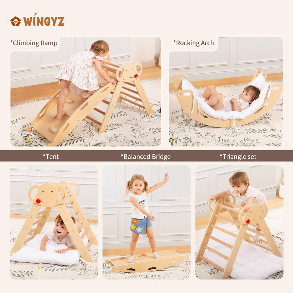 WINGYZ Pikler Triangle Set, Montessori Foldable 8-in-1 Jungle Gym & Reversible Animal Slide, Patent-Protected Climbing Set, Safe 2.35" Gap ASTM F963 Standards for Toddlers 18 Months-5 Years (Rainbow)