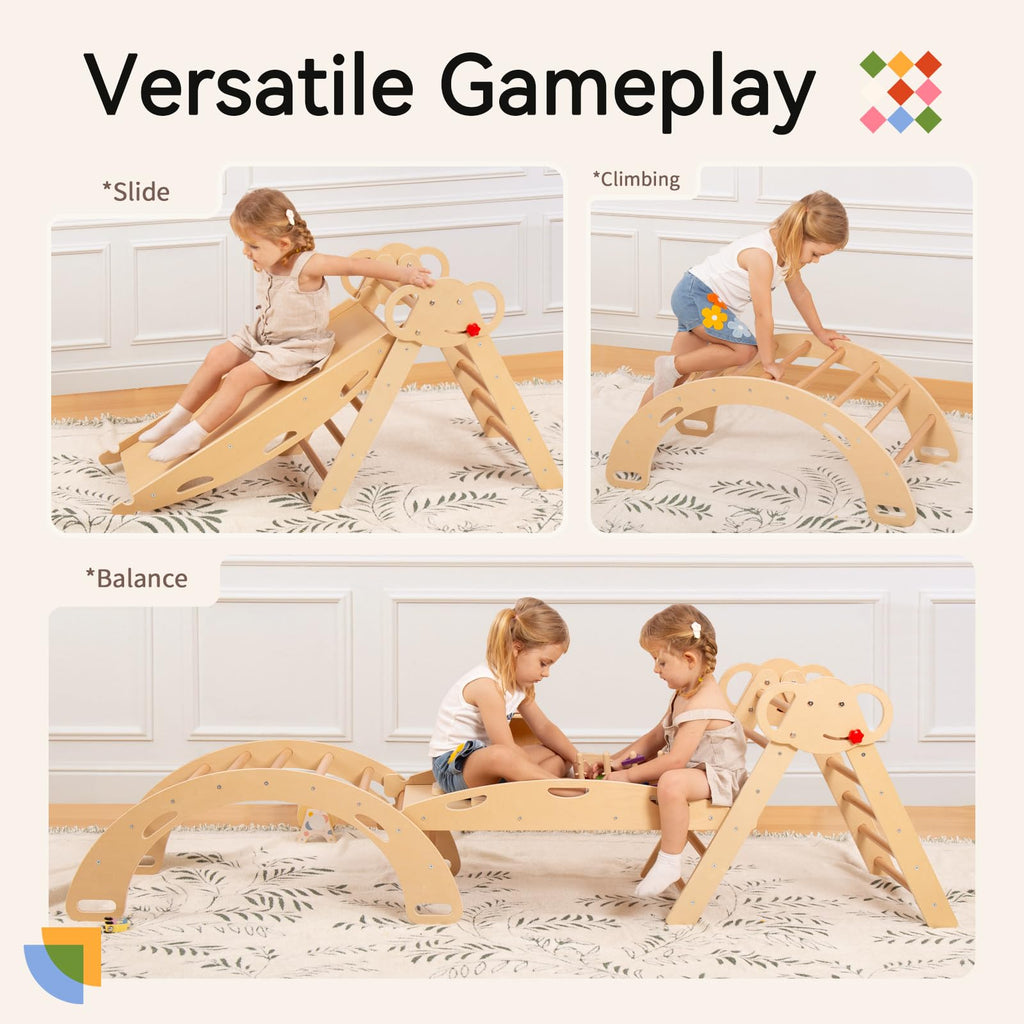 WINGYZ Pikler Triangle Set, Montessori Foldable 8-in-1 Jungle Gym & Reversible Animal Slide, Patent-Protected Climbing Set, Safe 2.35" Gap ASTM F963 Standards for Toddlers 18 Months-5 Years (Rainbow)