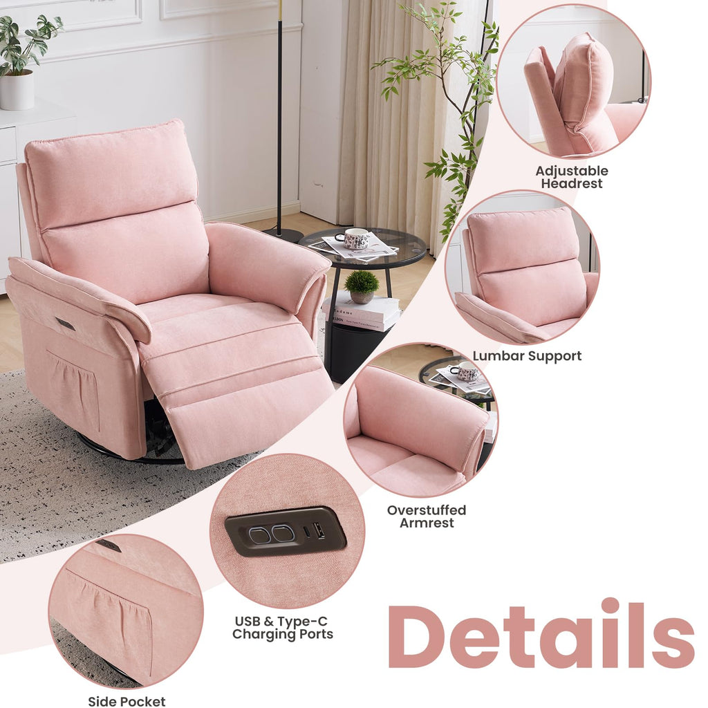 Oversized Rocking Chair Nursery with Massage and Heat, Glider Recliner Nursery Chair with Adjustable Headrest, Power Swivel Rocker Recliner Chair with USB Port, Dark Grey