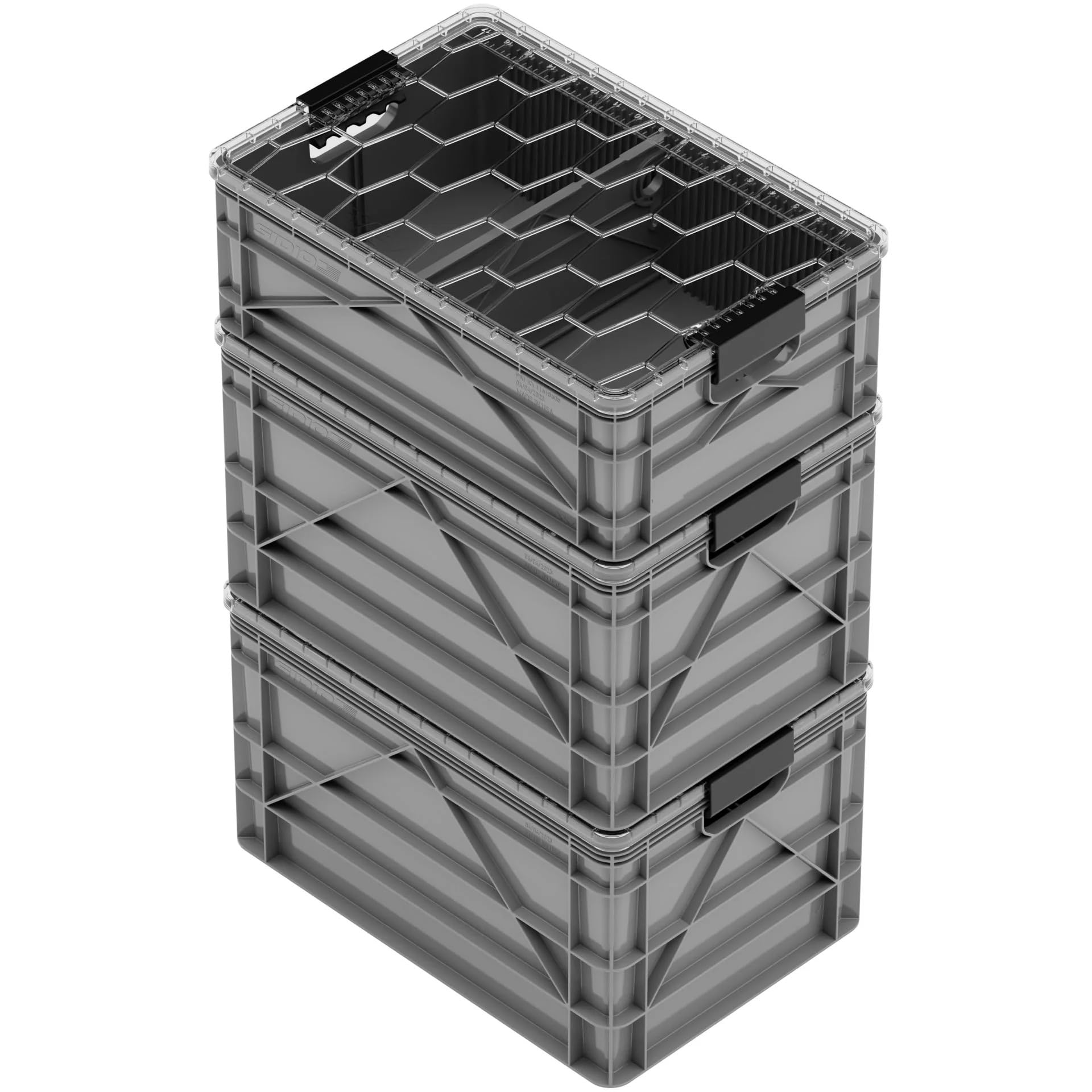 SIDIO CRATE Starter Pack - Two Full Size and One Half Size SidioCrate, Stackable Outdoor Organizer Storage Bins with Clear Lid and Dividers - Tan
