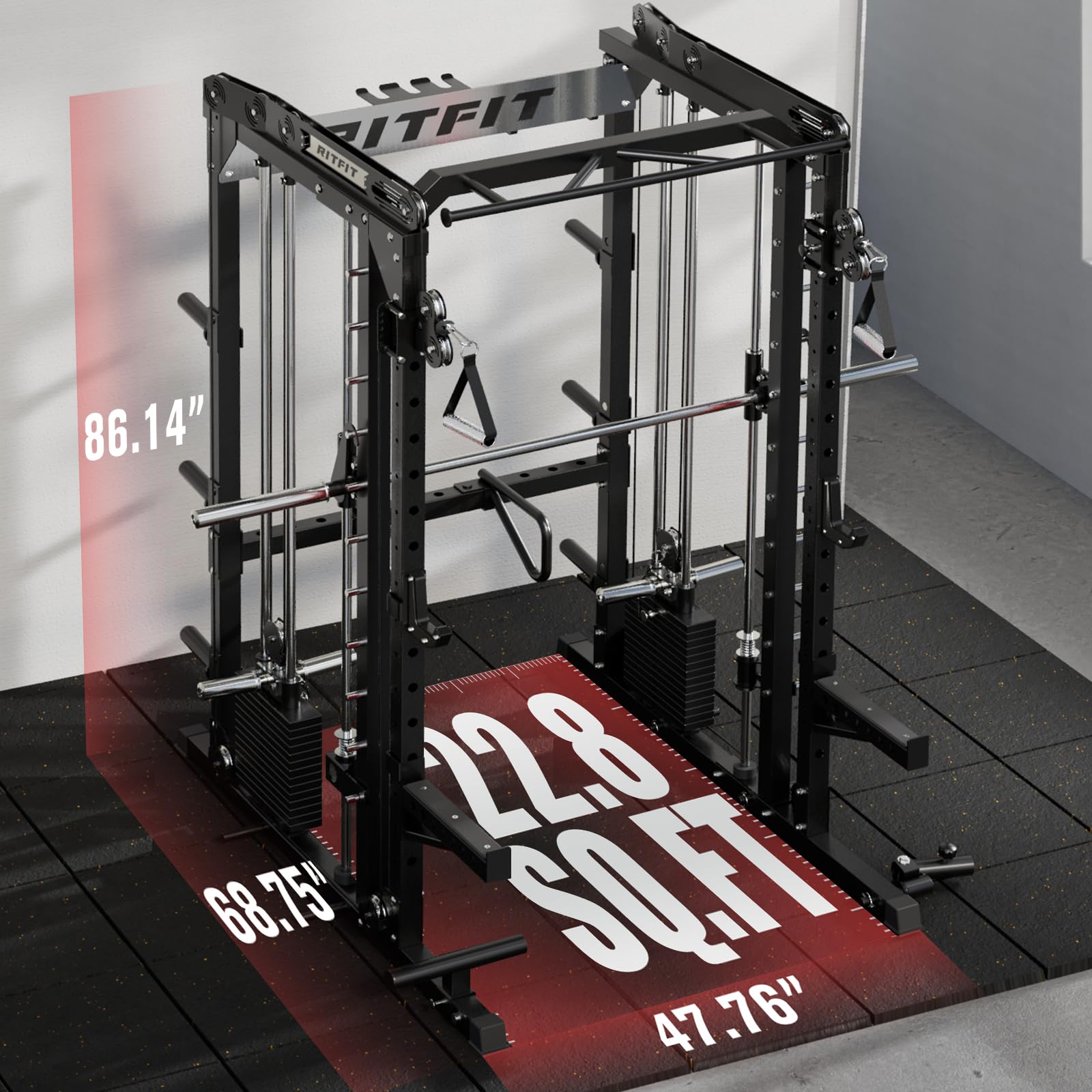 RitFit M2 3D Smith Machine & 286.6LB Built-in Weight Stack with Cable Crossover System, All in One Functional Trainer & Power Cage, 16 Adjustment Holes, 6 Storage Pegs for Full-Body Home Gym