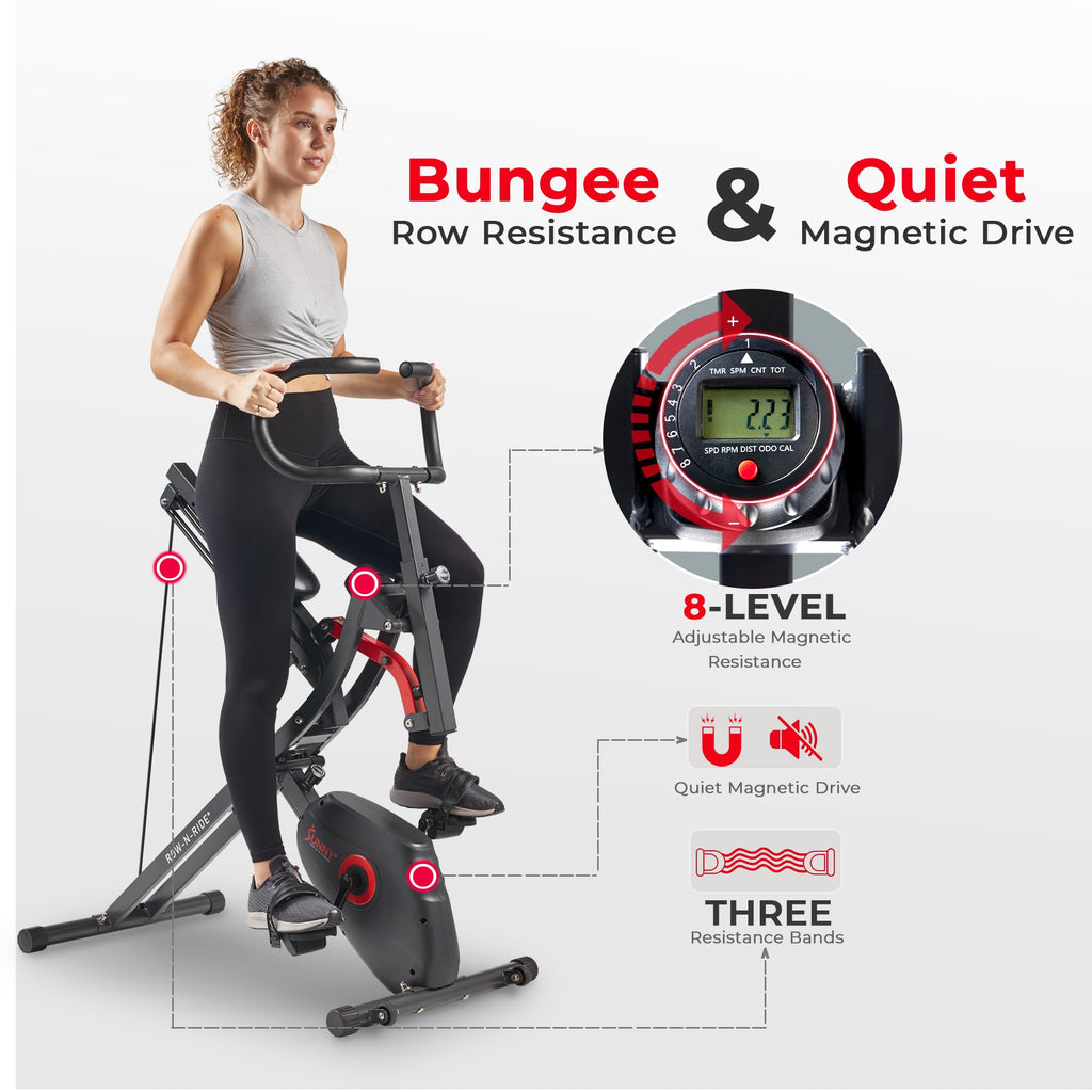 Sunny Health & Fitness Row-N-Ride PRO, Full Body Combo Squat Machine w/Optional Resistance Band, Easy Setup Ab Workout Exercise Equipment for Home, Whole Body Cardio, Optional SunnyFit App Connection