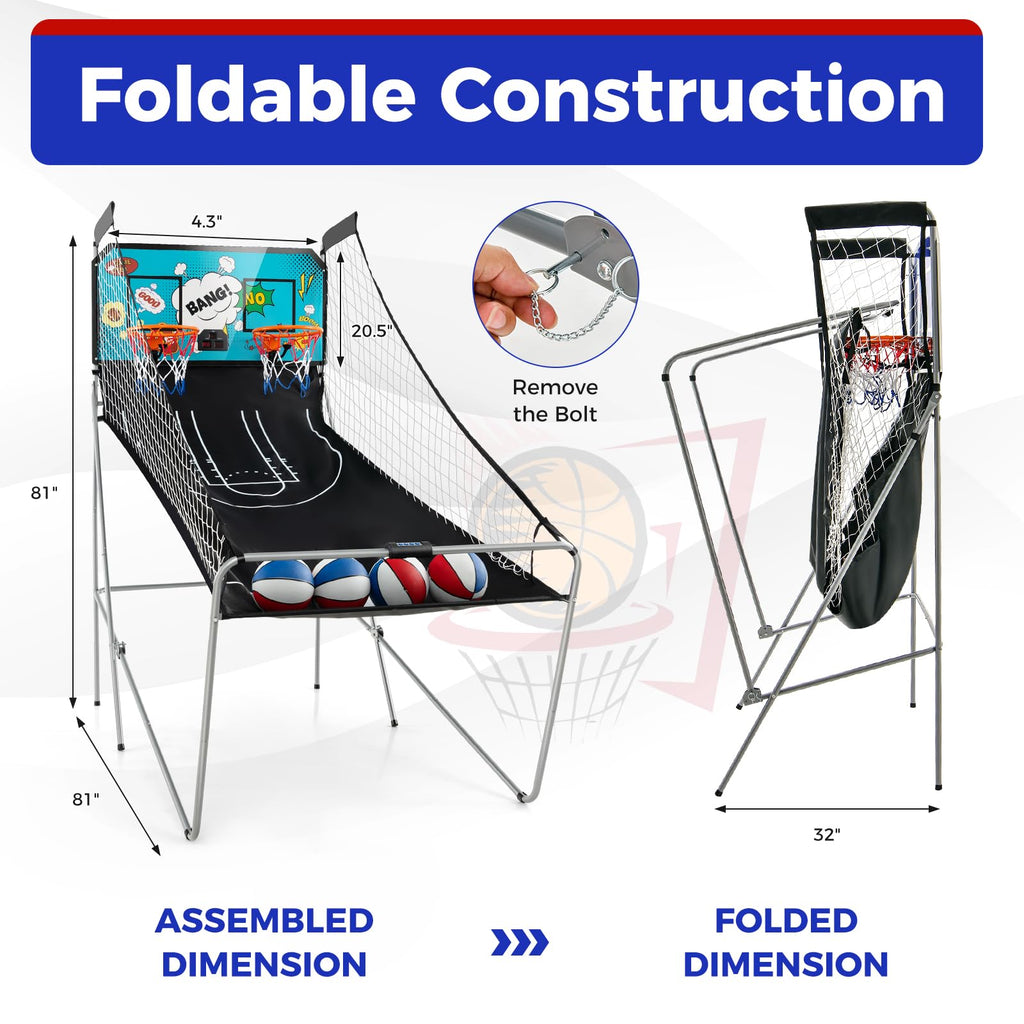 KOTEK Basketball Arcade Game Indoor, Foldable Dual Shot Electronic Basketball Games for 2 Players w/8 Game Options & LED Scoring System, Basketball Hoop Arcade for Family Home Play (Green)