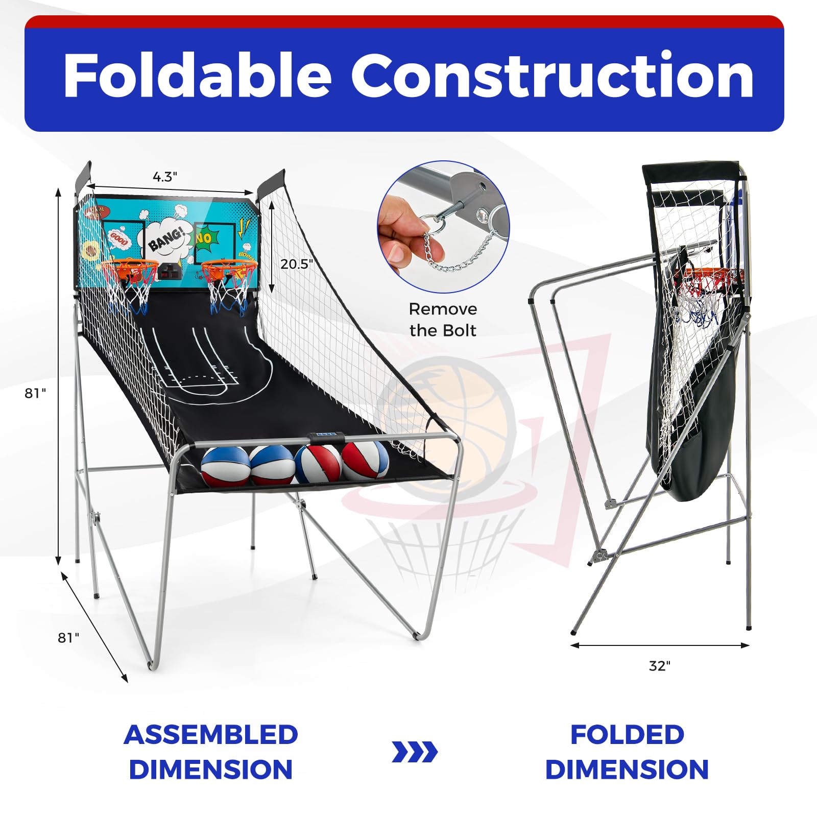 KOTEK Basketball Arcade Game Indoor, Foldable Dual Shot Electronic Basketball Games for 2 Players w/8 Game Options & LED Scoring System, Basketball Hoop Arcade for Family Home Play (Green)