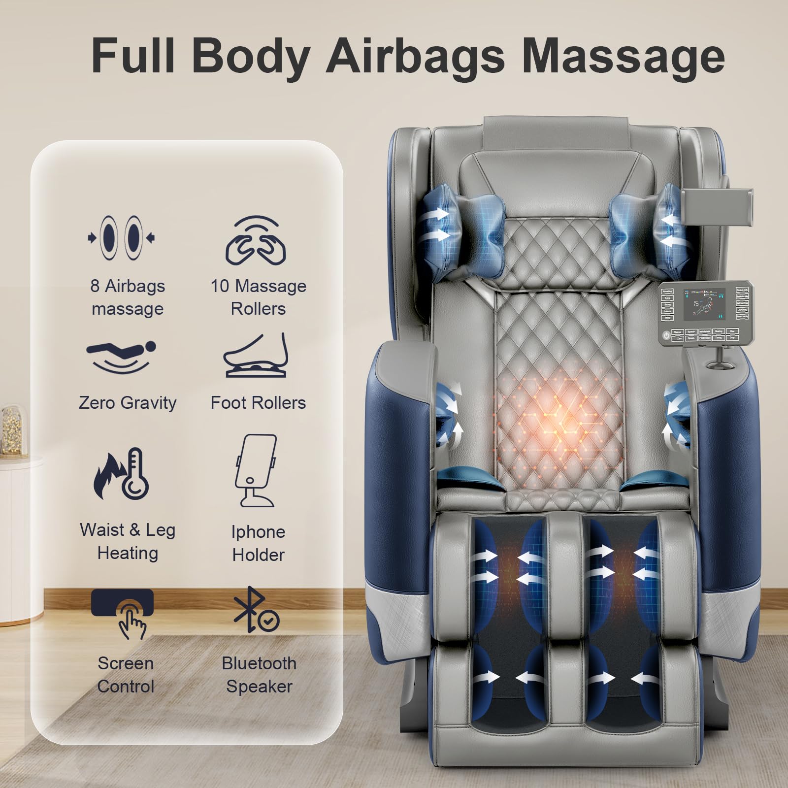 FURNIMAT 2026 Massage Chair Full Body, Zero Gravity Massage Chair with 10 Fix Rollers, Airbags, Heating, Foot Massage, Auto Modes, Bluetooth Speaker, Smart Screen Controller (Advanced Version)