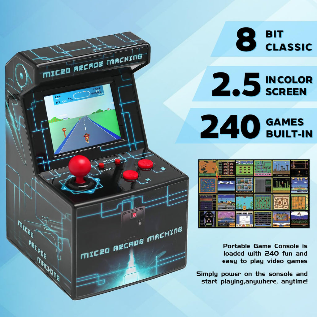Retro Handheld Game Console for Kids, Mini Arcade Machine with 240 Built-in Games, Portable Travel Toy, Ready to Play, 2.5" Screen, Easy Joystick, Gift for Boys Girls Ages 3-8 (Batteries Included)