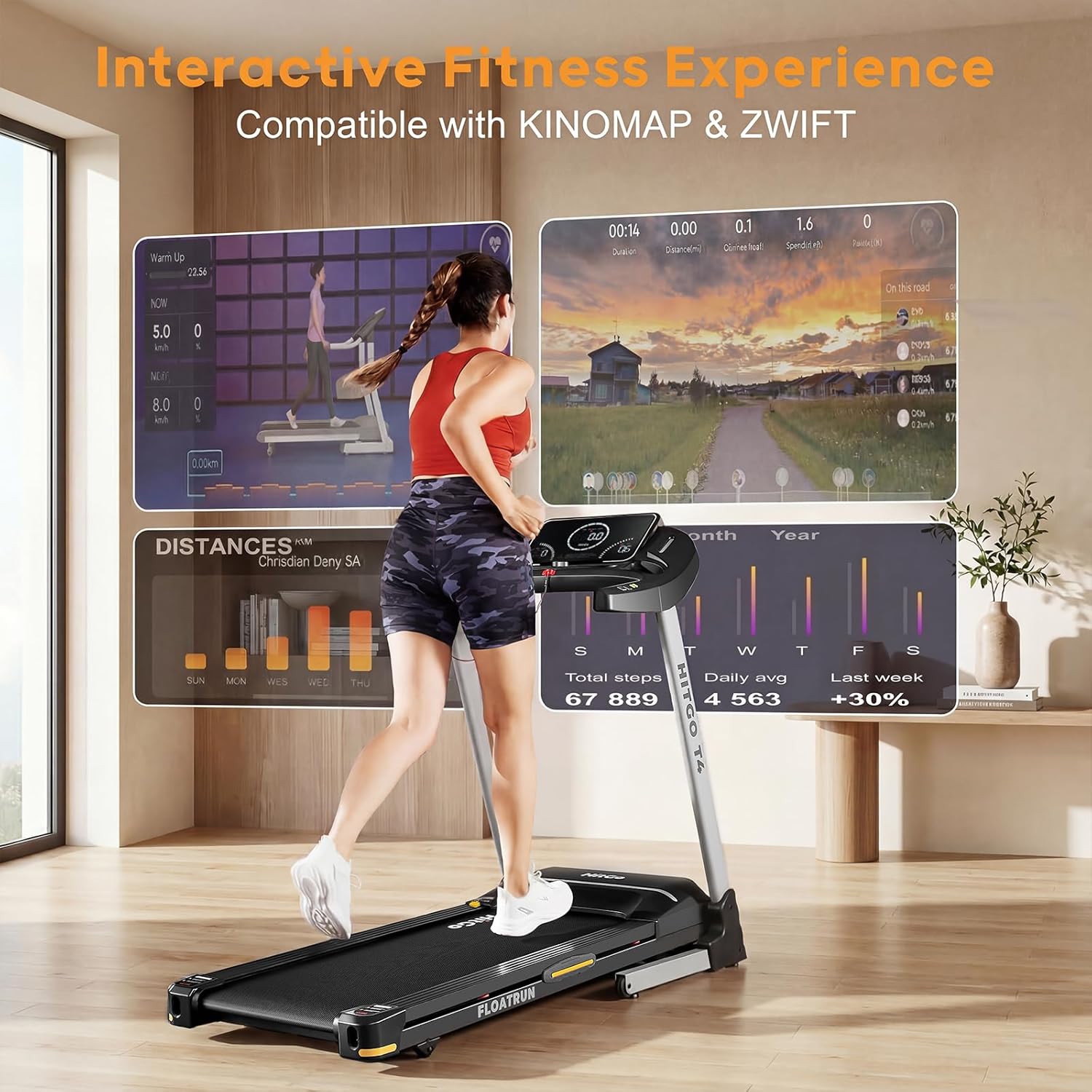 HitGo Treadmill with 15% Auto Incline,10 MPH High Speed Running Machine for Home Gym,Silent Brushless Motor,400lbs Weight Capacity,Air Cushion Shock Absorption,Bluetooth App Kinomap HitGo,Black