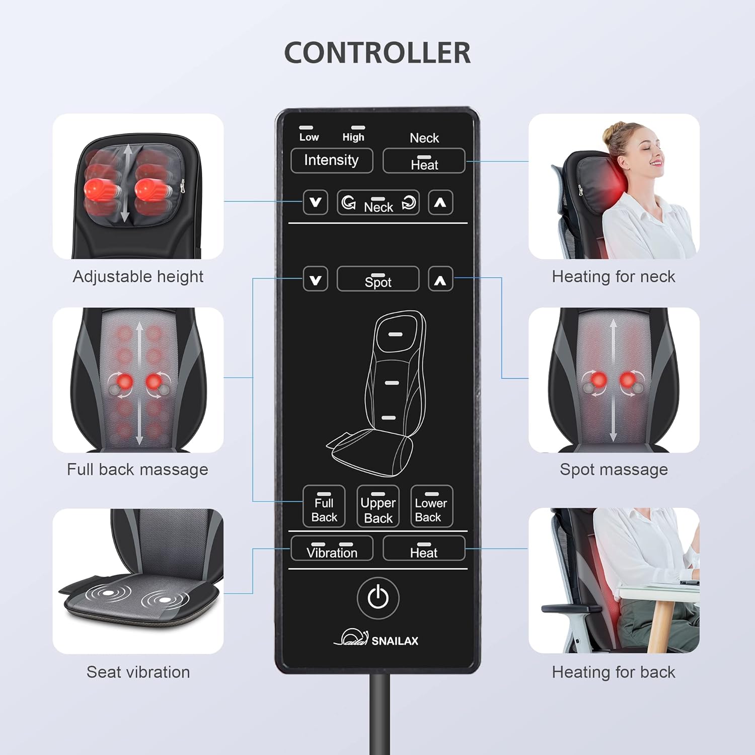 Snailax Shiatsu Back Massager with Heat -Deep Kneading Massage Chair Pad with Adjustable Intensity, Shiatsu Chair Massager to Relax Full Body Muscle，Gift for Mother