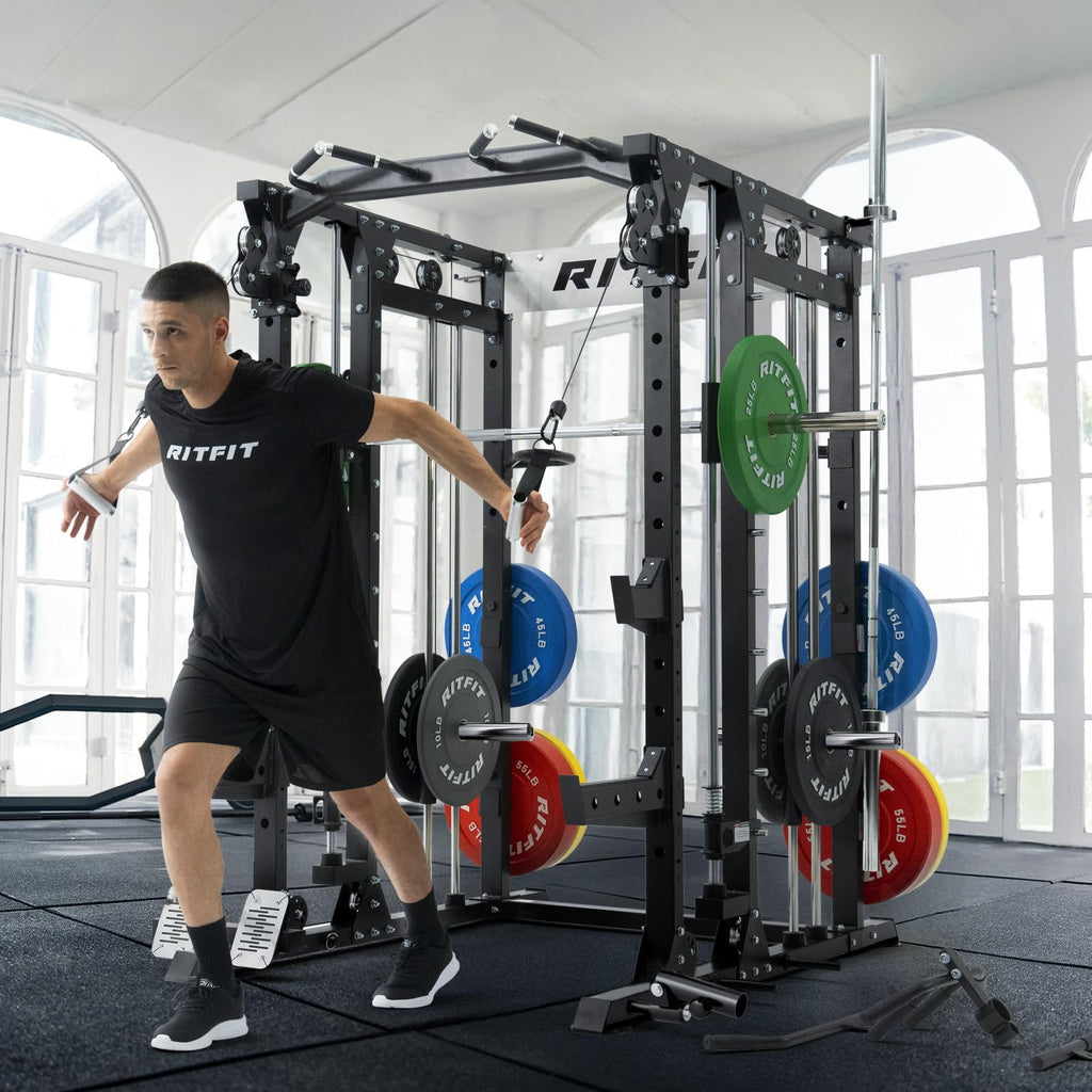 RitFit Buffalo Smith Machine, Power cage with LAT-Pull Down System & Cable Crossover System, All-in-One Squat Rack for Home Gym, Power Rack
