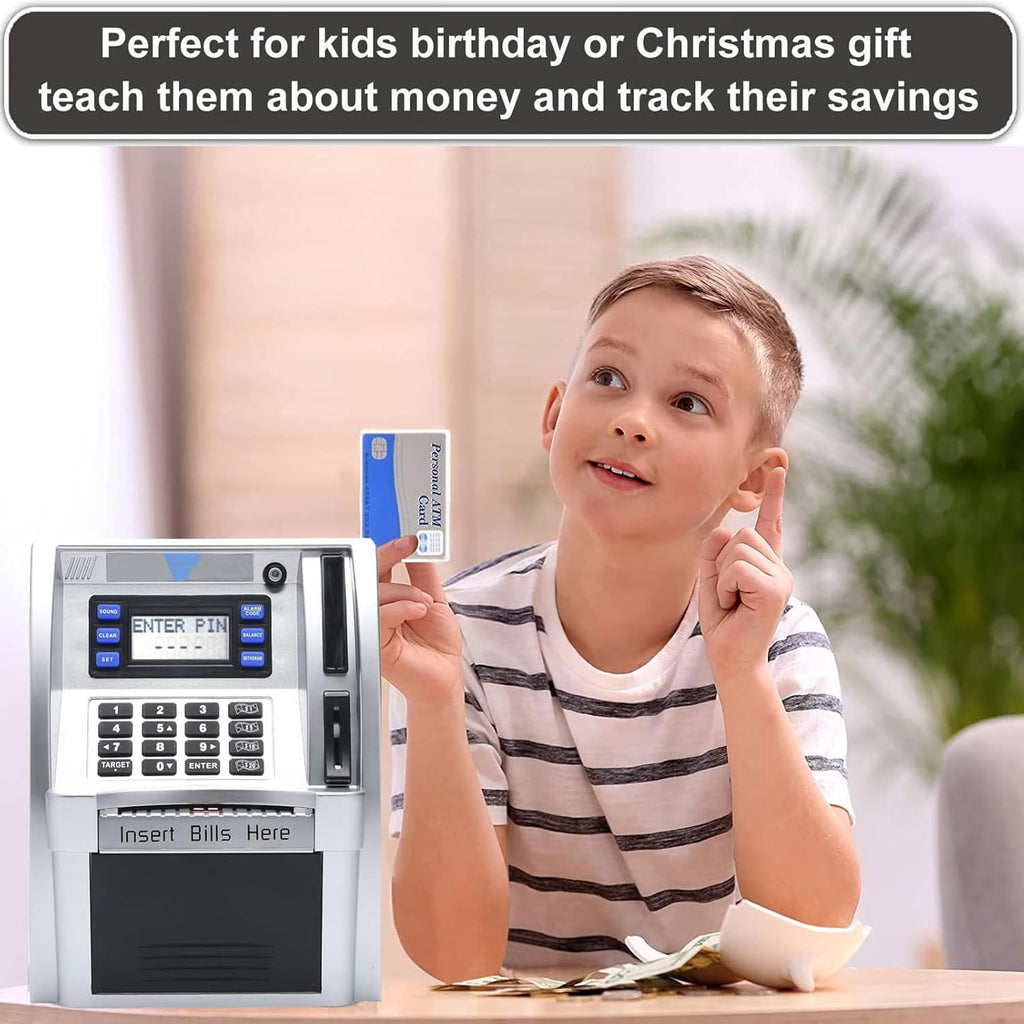 ATM Piggy Bank, Voice Prompt Money Counting Mini ATM Machine for Kids, Note Recognition, Targets Setting Piggy Bank with PIN Code Reset, Password Cash Can