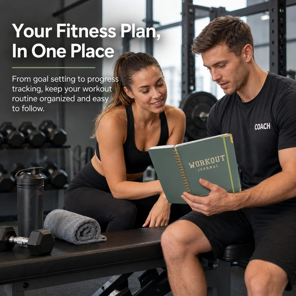 Workout Journal Fitness Tracker Planner for Men & Women, Exercise Log Book to Track Gym & Home Training, Goals, Sets, Reps & Progress, 142 Pages, A5 5.7" x 8.2" Portable Hardcover with Metal Corners, Green