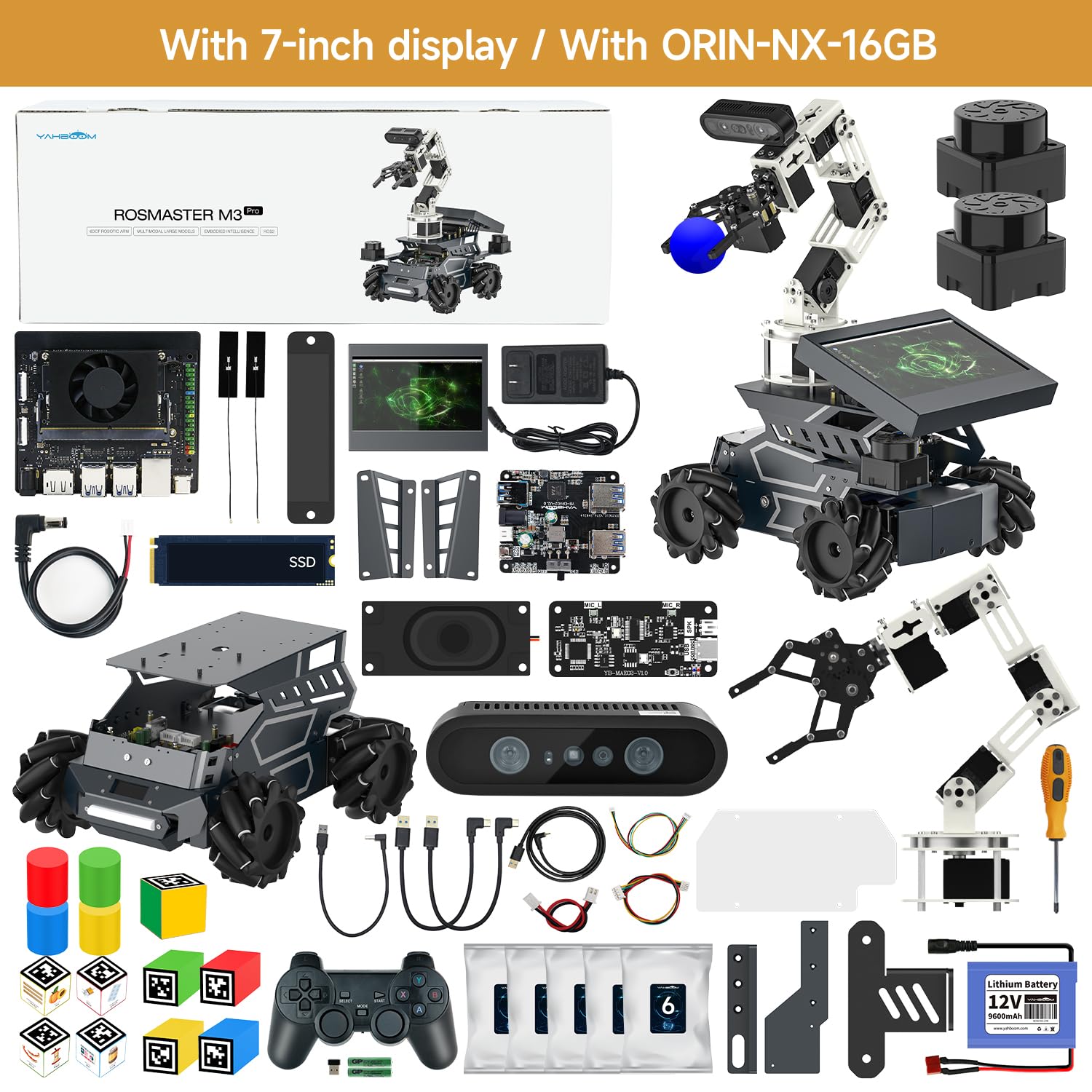Yahboom ROS2 Robot Kit with Jetson Orin Nano 8GB Super Large AI Model with 6DOF Robotic Arm, 7-inch HD Display,AI Voice Interaction Module Provides AI Vision App Control