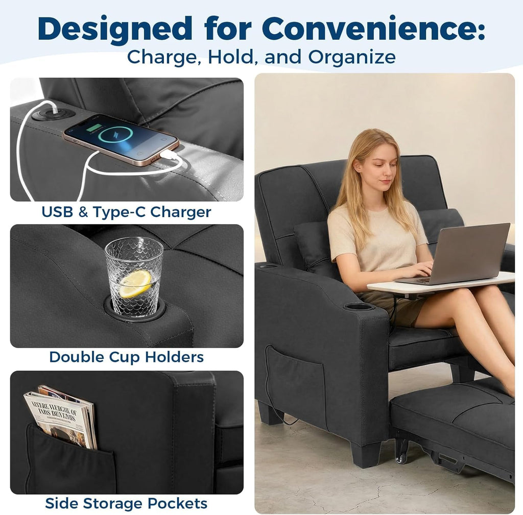 Sleeper Chair Pull Out Bed, 4 in 1 Convertible Sofa Chair Bed with Vibration Massage Lumbar Pillow, Single Sofa Recliner with USB/Type-C Port, Cup Holders and Side Pocket for Small Spaces (Brown)