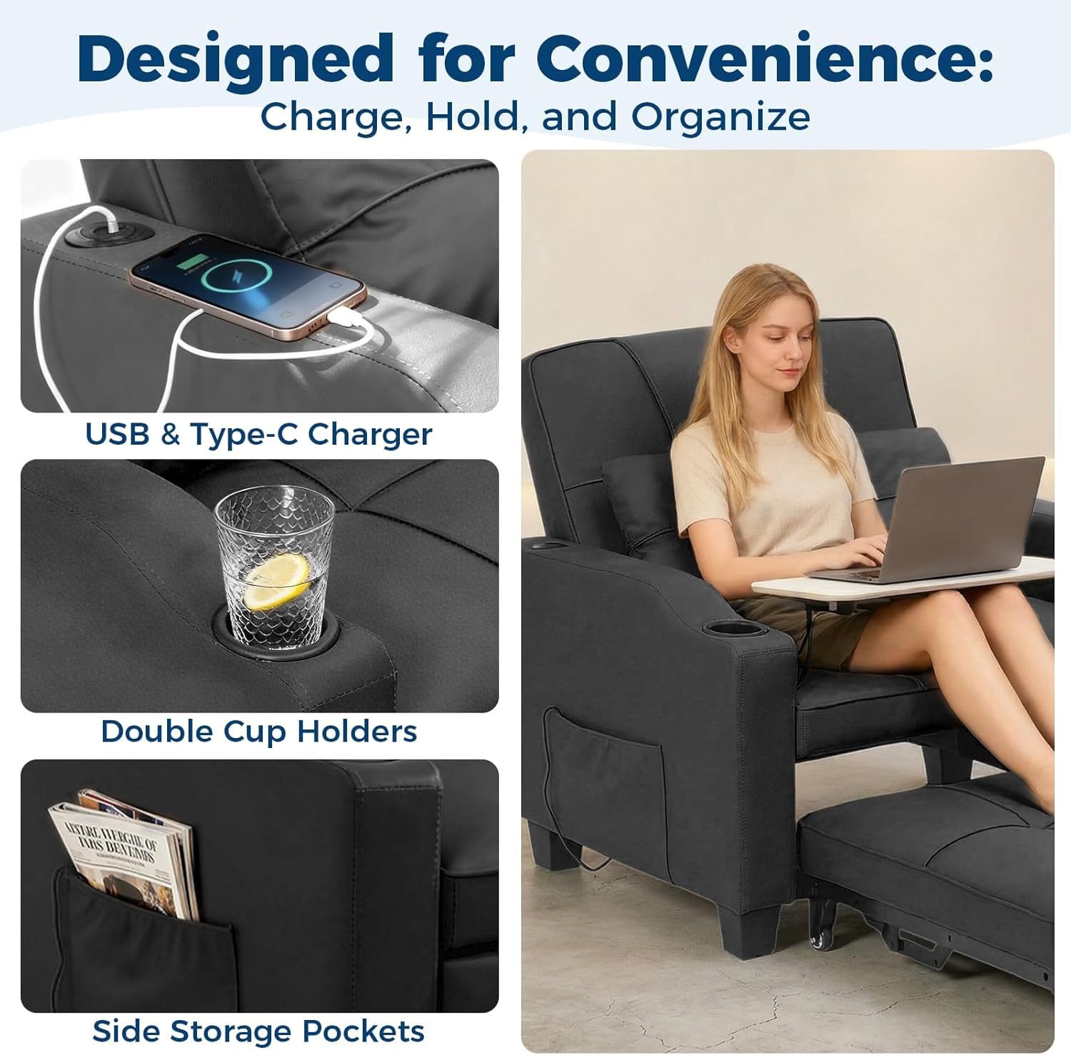 Sleeper Chair Pull Out Bed, 4 in 1 Convertible Sofa Chair Bed with Vibration Massage Lumbar Pillow, Single Sofa Recliner with USB/Type-C Port, Cup Holders and Side Pocket for Small Spaces (Brown)