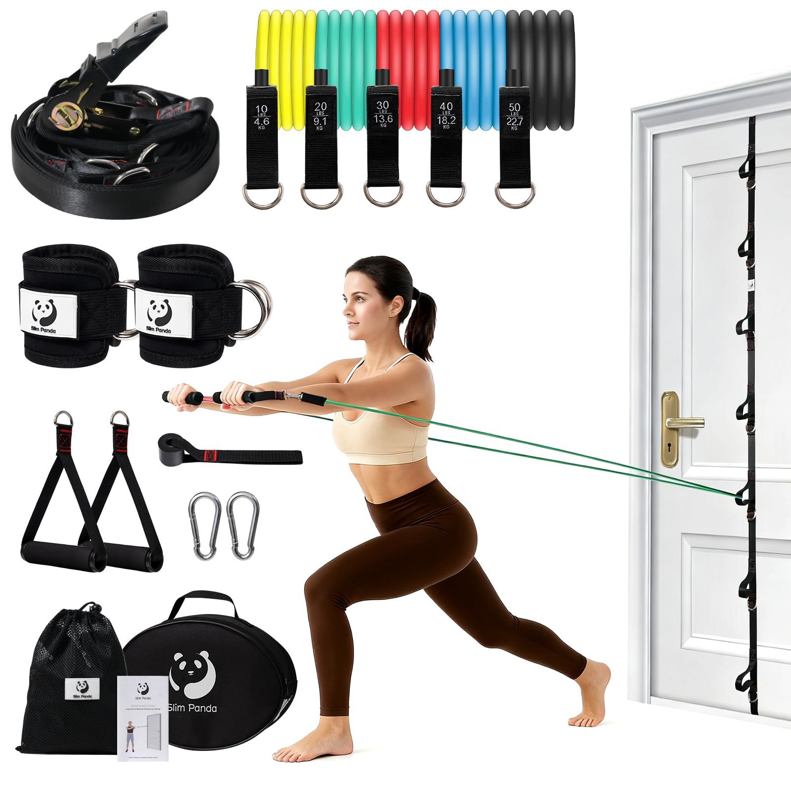 Slim Panda Door Anchor Strap for Resistance Bands, Door Exercise Equipment with Ratchet Adjust Tighten, Multi Point Anchor Gym Attachment, Portable Door Resistance Bands for Home Gym Workouts