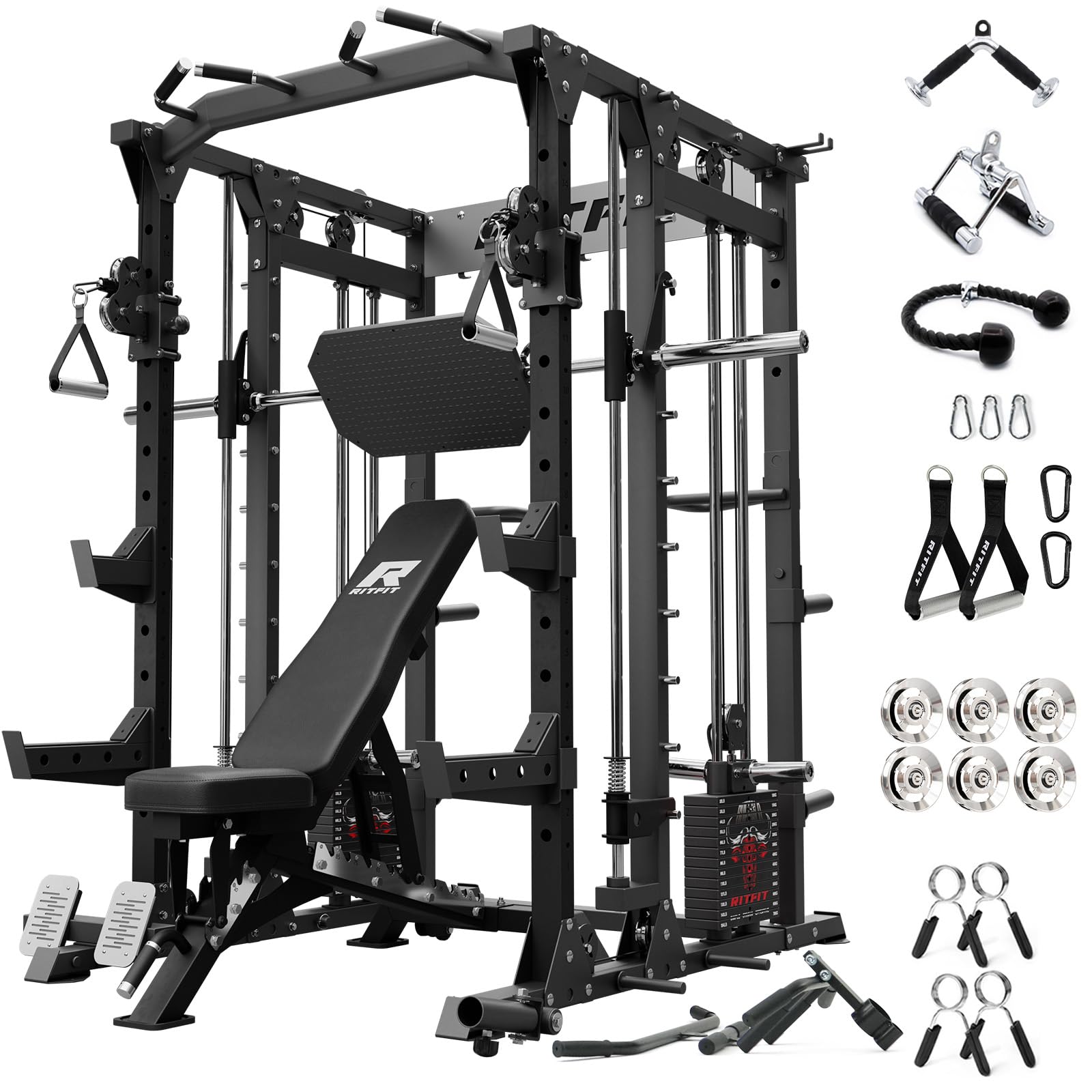 RitFit Buffalo Smith Machine Package, All-in-One Power Cage with Weight Stack , Power Rack with Cable Crossover & Leg Press Attachment for Home Gym
