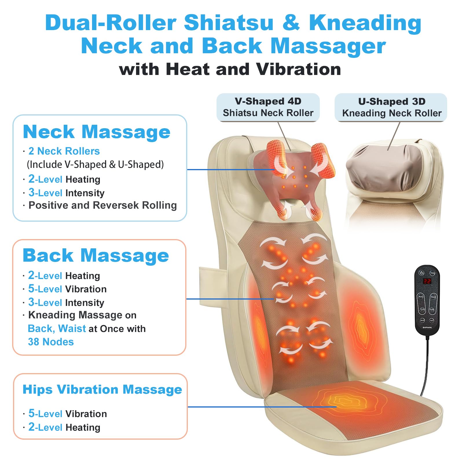 Shiatsu Neck Back Massage Cushion with Heat - 4D Kneading Massager w/Vibration, Dual-Neck Design, Adjustable Intensity/Height, Ease Muscle Tightness from Long Sitting, for Office, Home, Blue