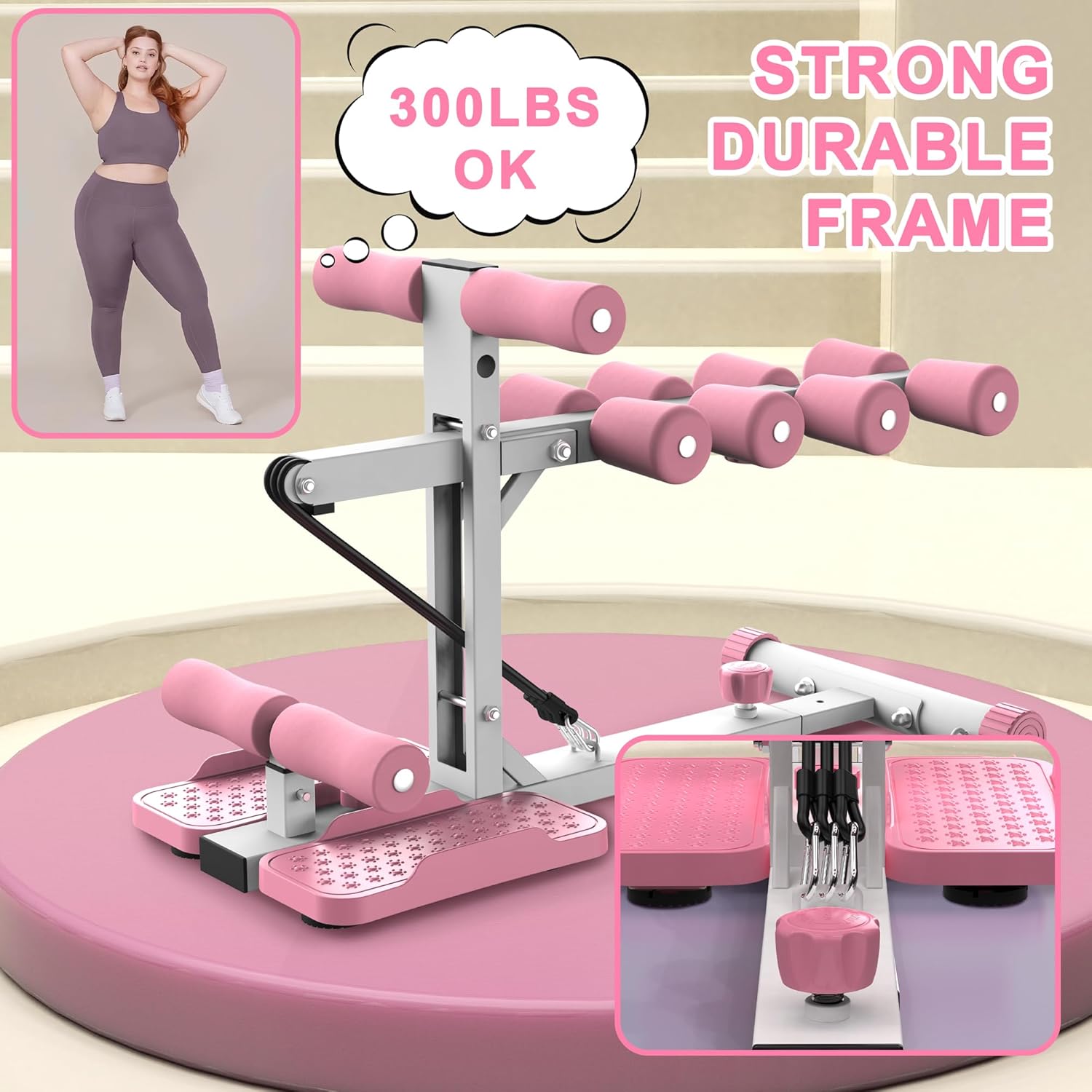 KINMAC Deep Squat Machine for Home-Glutes Trainer Machine with Resistance Bands Squat Assist Trainer for Core & Legs Workout Ideal for Home Gym, Apartment & Office-White Pink