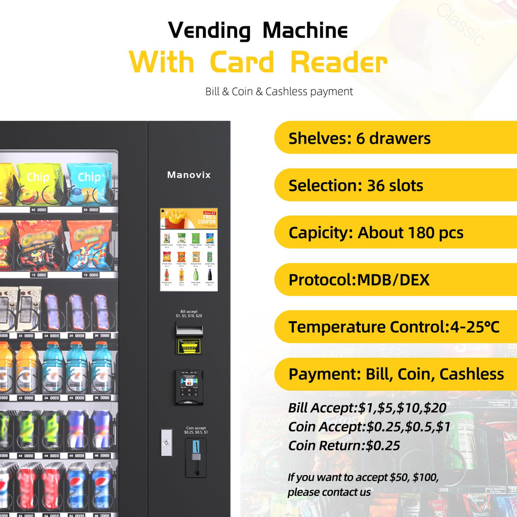 Beverage Snack Combo Commercial Vending Machine for Business with Credit Card Reader & Bill and Coin Acceptor Refrigerated Cold Drink soda with Temp Control Touch Screen