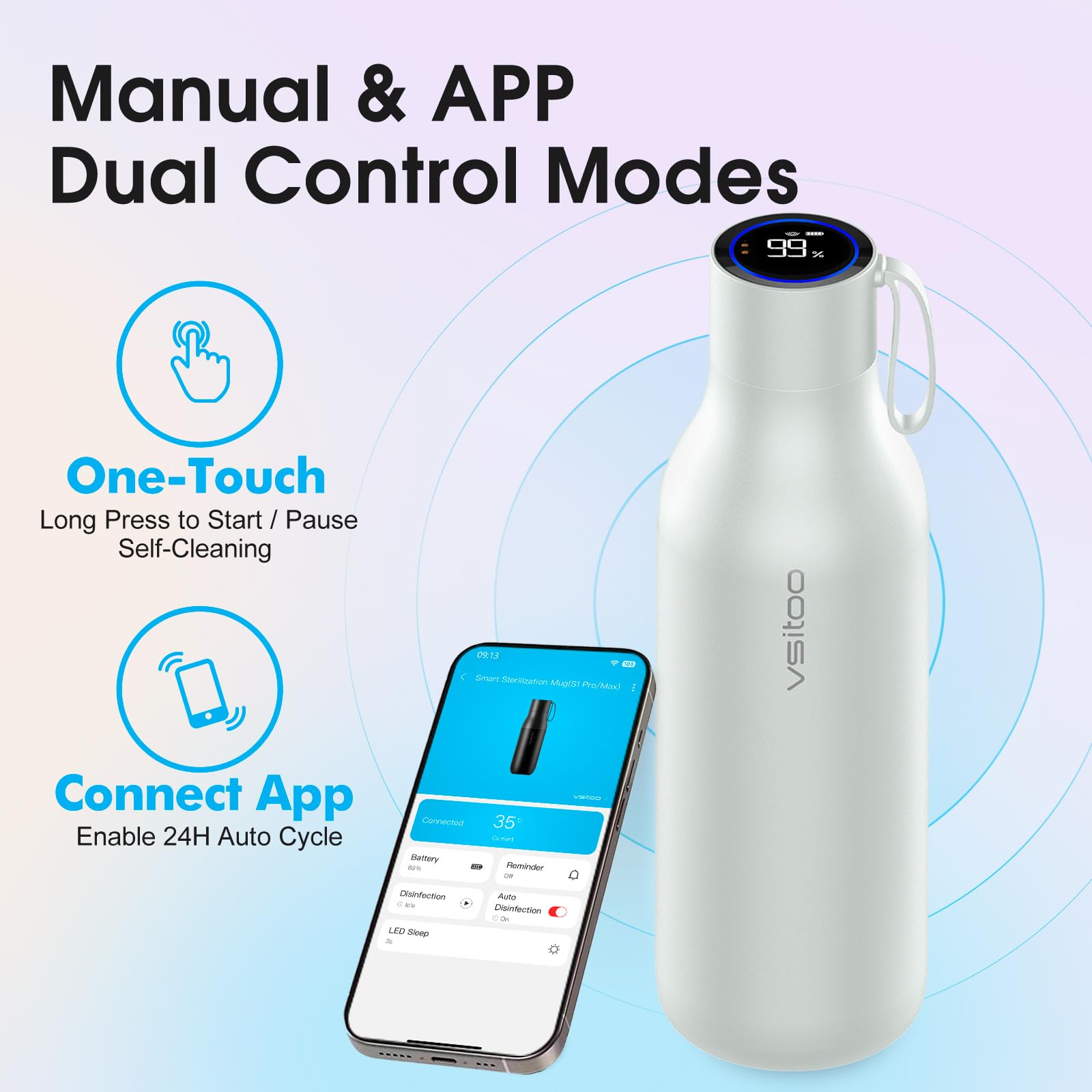 VSITOO 33oz Smart Self-Cleaning Water Bottle，Large Insulated Stainless Steel Bottle with AI Self-Clean, 30-Day Battery & Magnetic Charging for Outdoor Travel, Gym or Office, Pink