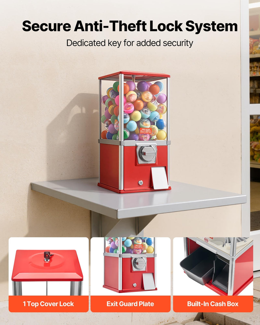 VEVOR Gumball Machine for Kids, 25" Height Home Vending Machine, PS Bouncy Balls Dispenser, Hold 230 Capsule Toys, Rectangle Bubble Gum Machine for Game Stores, Coin Operated Gumball Bank, Red