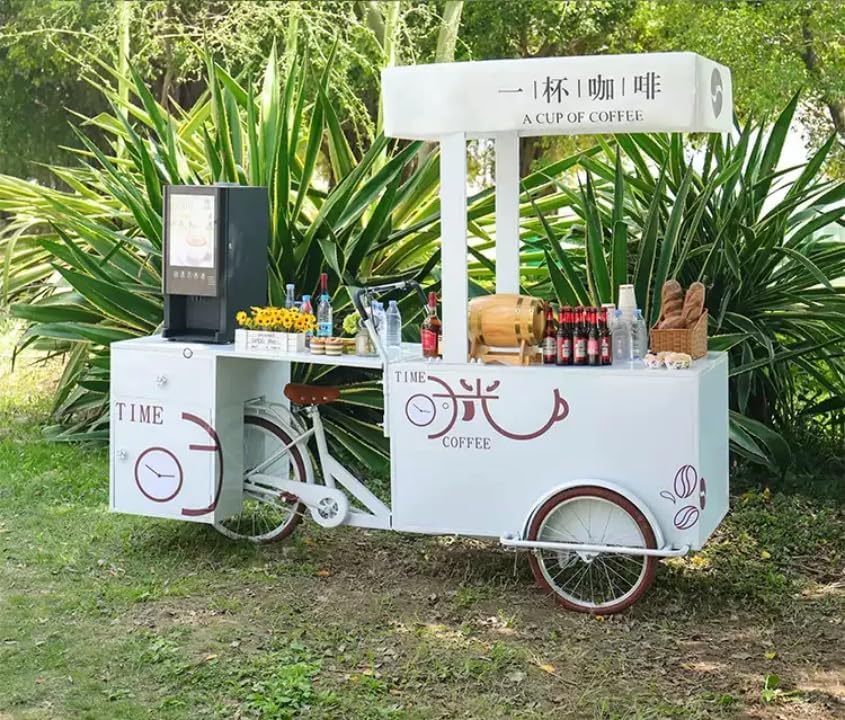 Mobile Ice Cream Bicycle Cart, White Commercial Tricycle Vending Station with Coffee Machine, Display Counter, Storage Compartments for Beverages