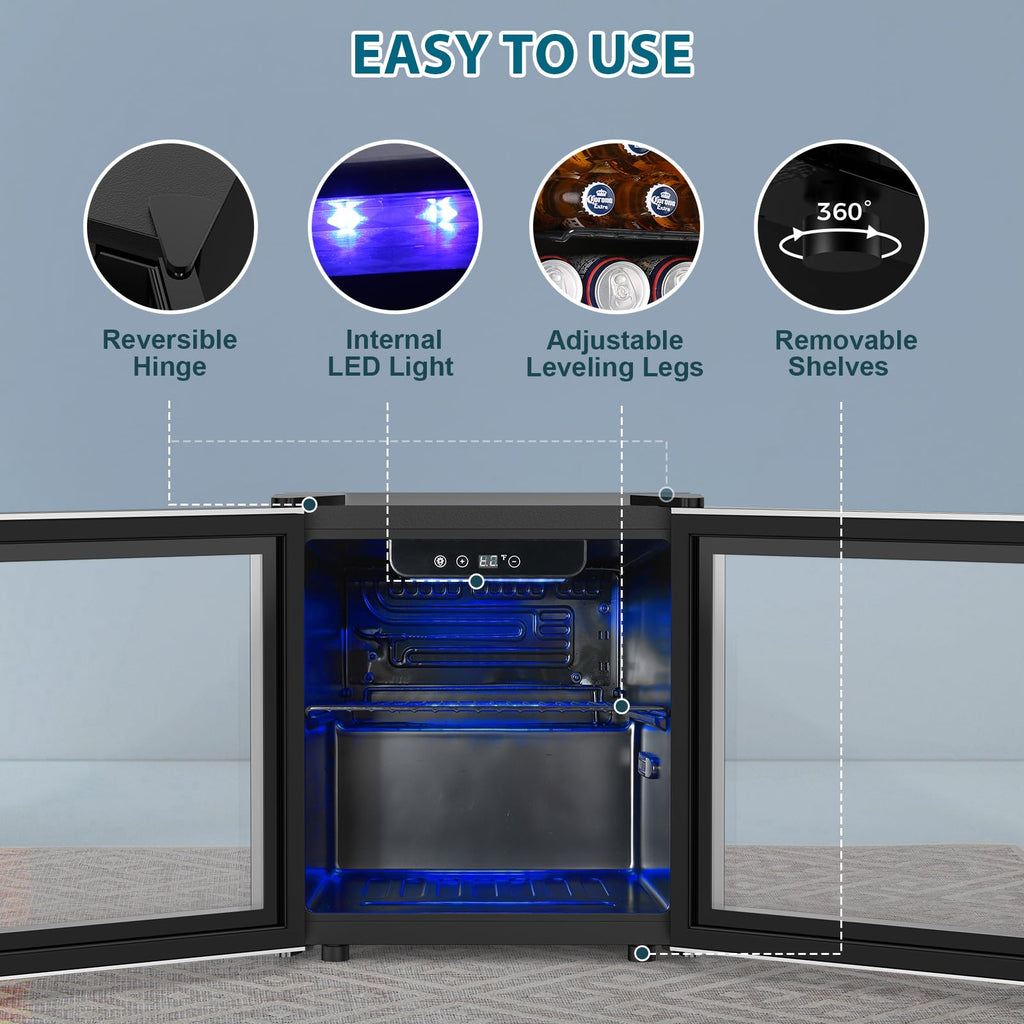 Electactic 50 Cans Beverage Refrigerator Cooler, 1.3 Cu.ft Mini Fridge Countertop Drink Cooler with Glass Door for Beer, Soda,Wine, Adjustable Digital Temperature Control for Home Dorm Bar, Black