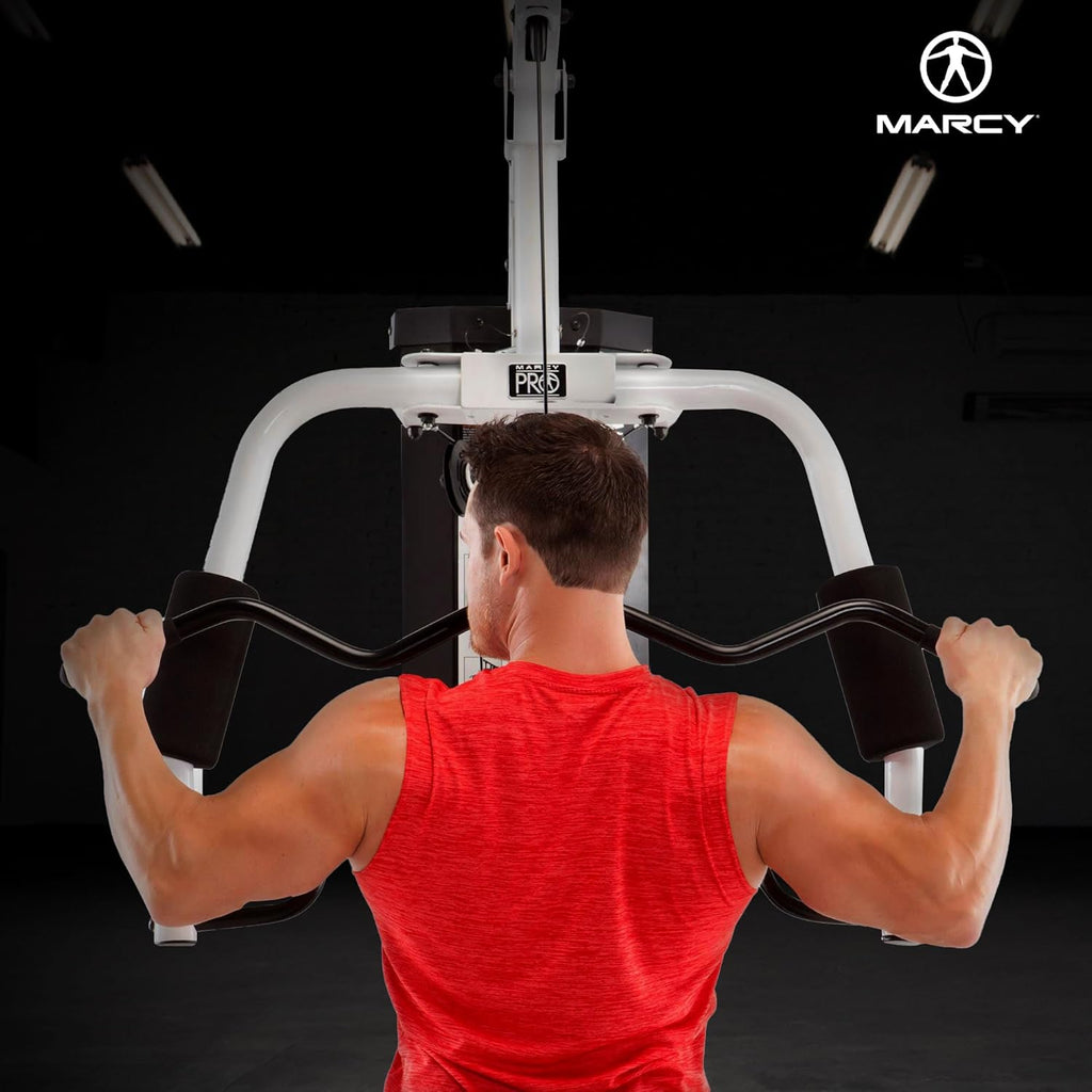 Marcy Home Gym Workout Station with Curl Pad, Lat Pulldown, Leg Developer & Weights, White