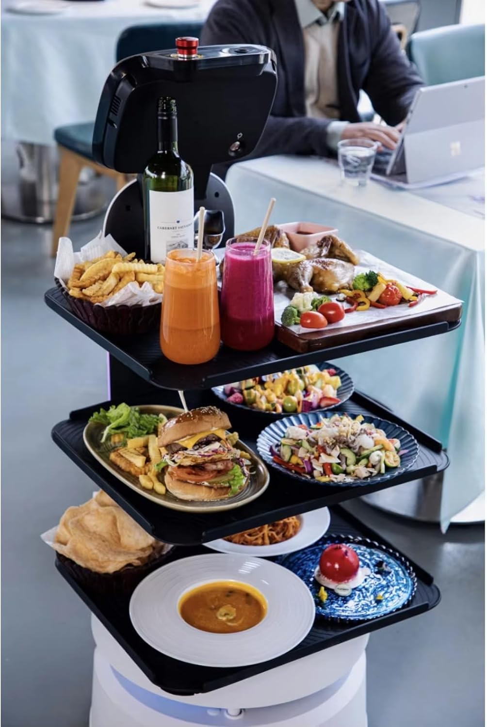 Humanized Delivery Robot with Smart Table Locator System, Shock-Absorbing Structure & Precise Speed, Multi-Table Service Robot for Restaurant Hotel, Auto Charge & Long Working Time