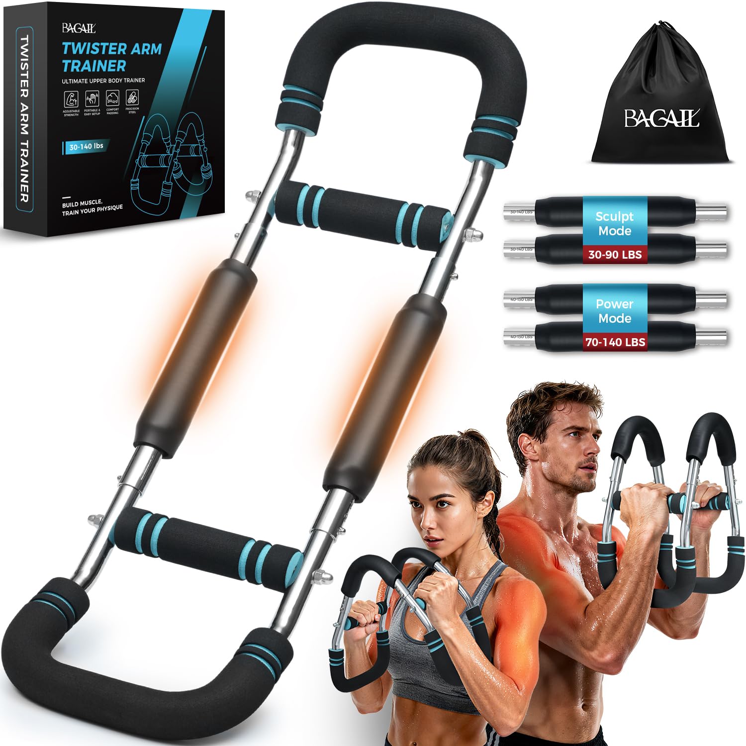 BAGAIL Twister Arm Trainer, 5 or 9 Level Resistance (30-140 lbs) for Chest & Arm Workout, All-in-One Home Gym Strength Training Equipment with Ergonomic Grips & Carry Bag for Men and Women