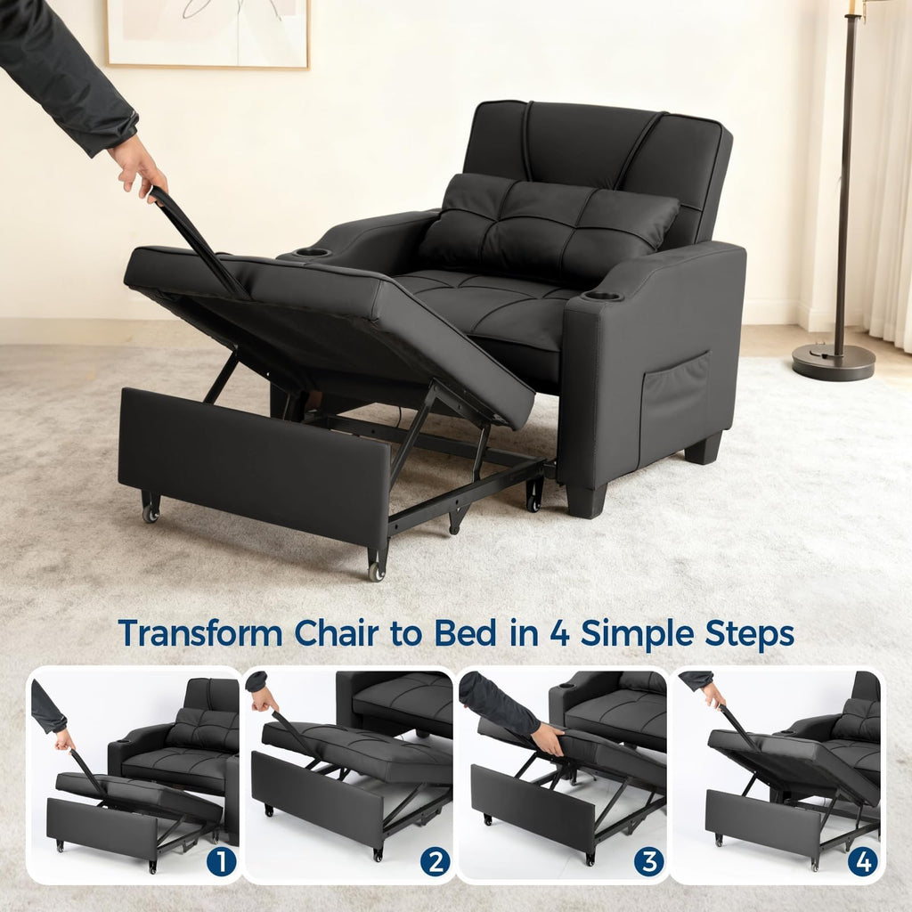 Sleeper Chair Pull Out Bed, 4 in 1 Convertible Sofa Chair Bed with Vibration Massage Lumbar Pillow, Single Sofa Recliner with USB/Type-C Port, Cup Holders and Side Pocket for Small Spaces (Brown)