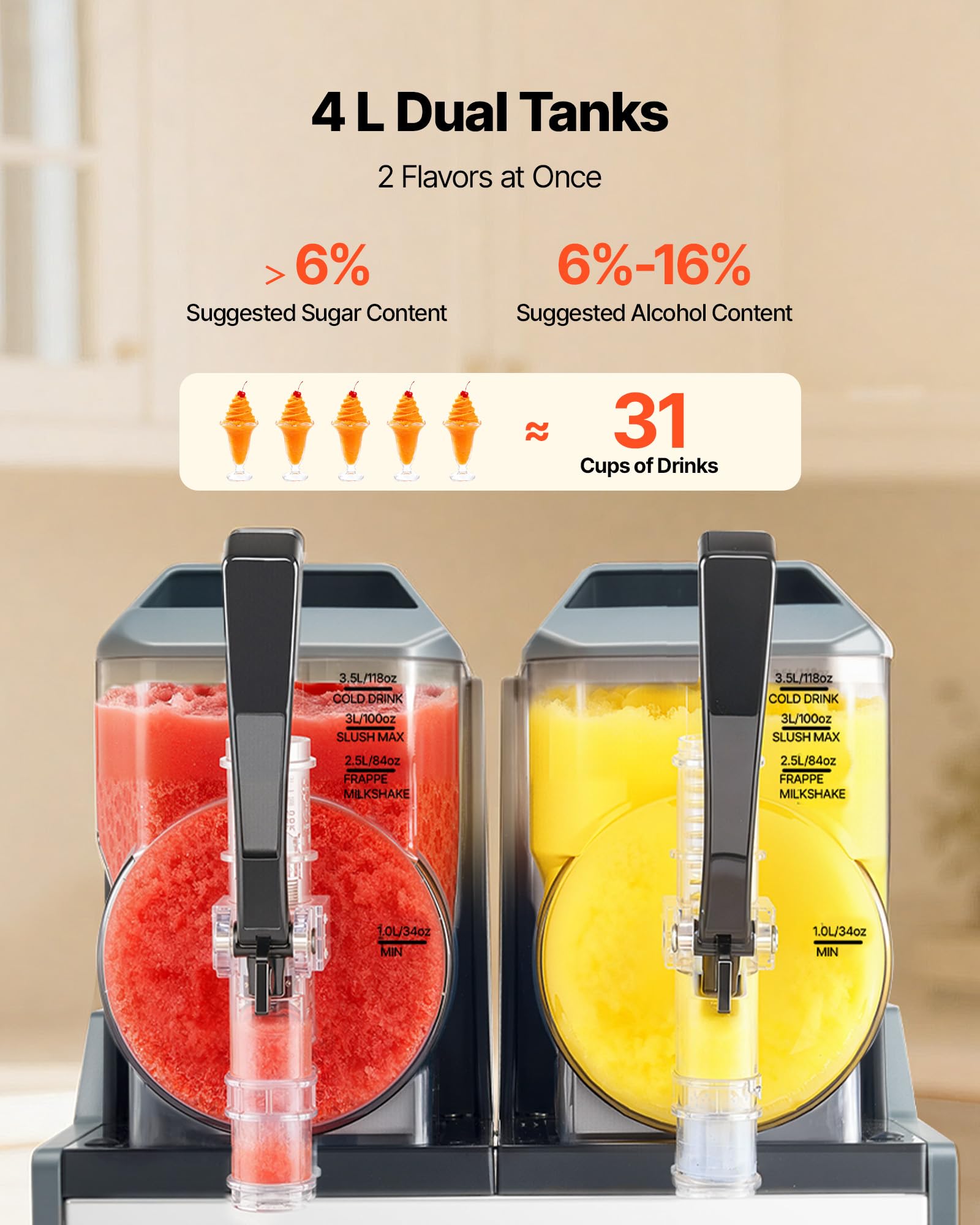 VEVOR Slushie Machine, 4L/135oz No Ice Needed Slushy Machine for Home, Frozen Drink Maker with Single Tank, Margarita Machine with Self-Cleaning, for Frozen Margaritas, Frappés, Milkshake & More