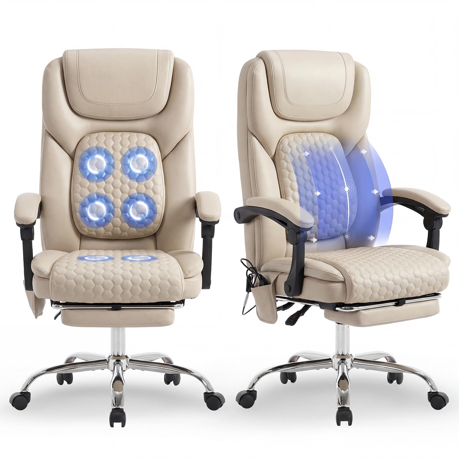 MALOL Massage Office Chair with Heat and Footrest - 3-Level 65°C Targeted Heating, 20-Min Easy Assembly Leather Desk Chair, Big and Tall Executive Computer Chair with Side Pocket, 300 lbs, Beige