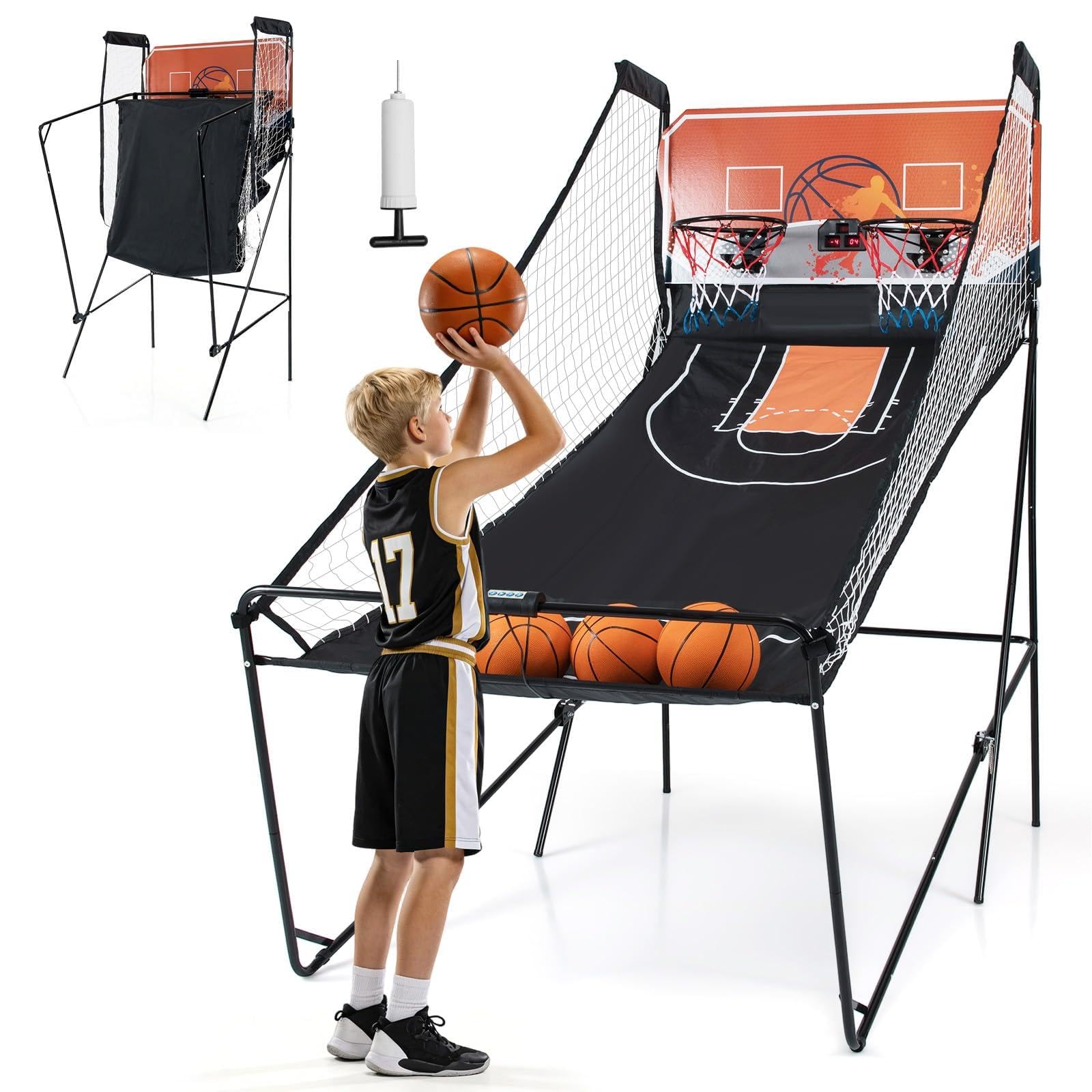 Goplus Foldable Dual Shot Basketball Arcade Game, Electronic Basketball Hoop w/LCD Scoreboard, 8 Game Modes, 4 Balls, Indoor Outdoor Basketball Game Machine for Adults (Green)