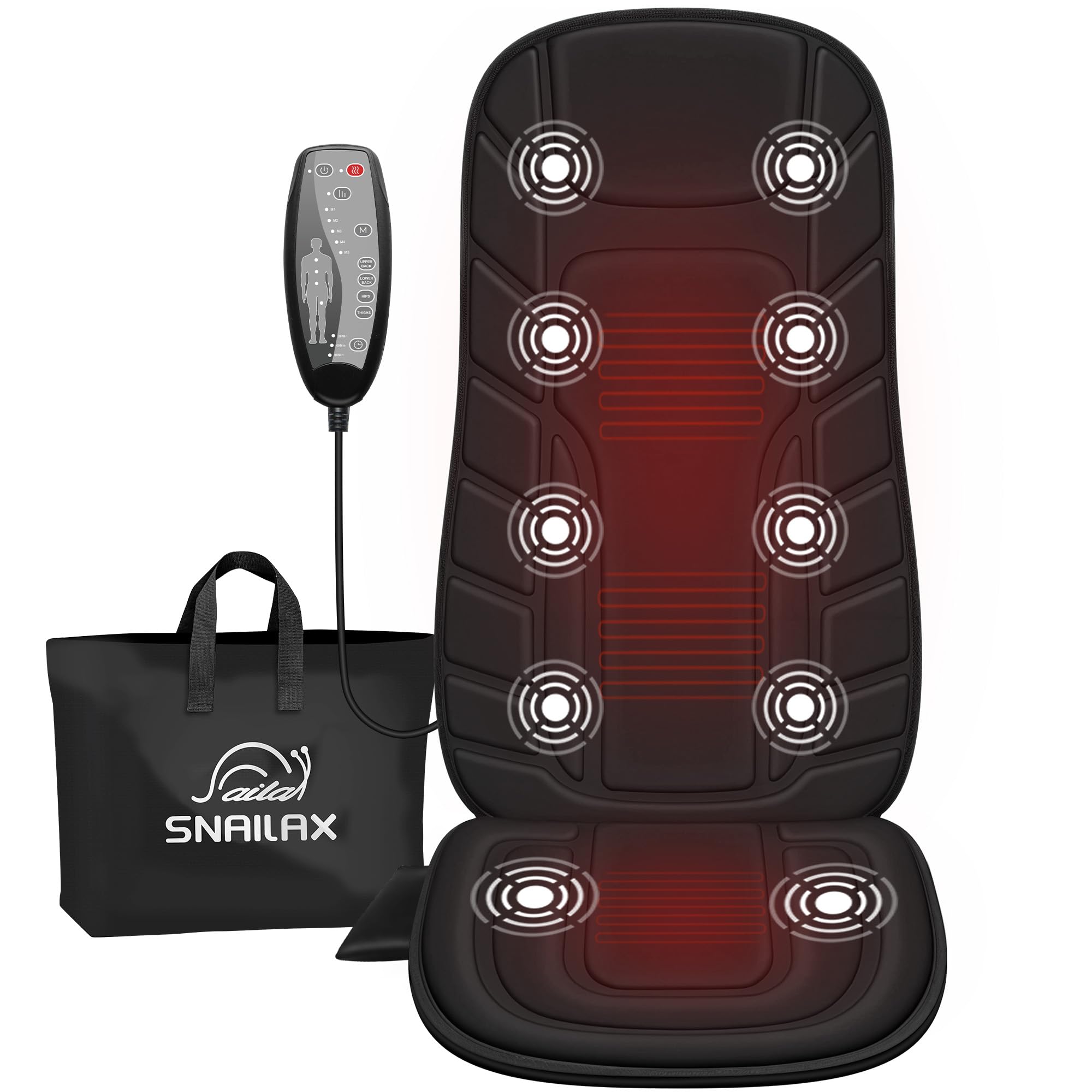 Snailax Back Massager with Heat, Massage Seat Cushion with 10 Motors, Massage Chair Pad for Home Office Use, 5 Modes & 3 Intensity Levels, 2 Heat Settings with 30-60-90 Mins Timer, Gifts for Him Her