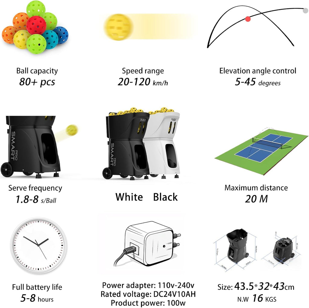 PP SMART PRO Pickleball Machine, Professional Automatic Ball Launcher with App & Remote Control, 80+ Ball Capacity, Adjustable Speed/Spin/Frequency, Portable for All Skill Levels (Black)