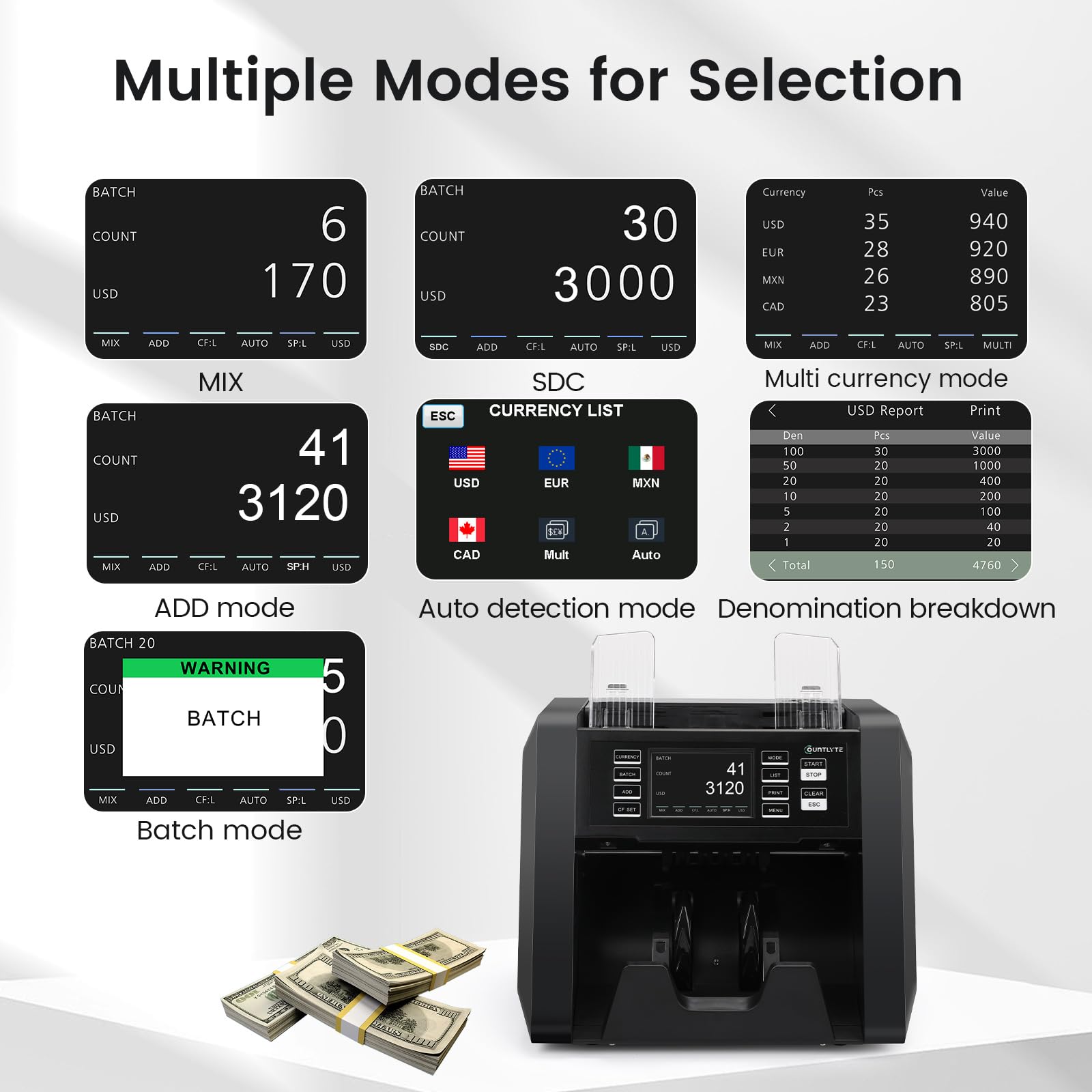 C-N30A Mixed Denomination Money Counter Machine,Value Counting,Multi Currency,CIS/UV/MG/IR Counterfeit Detection Bill Counter,Printer Enabled,Touch Screen,Cash Counter